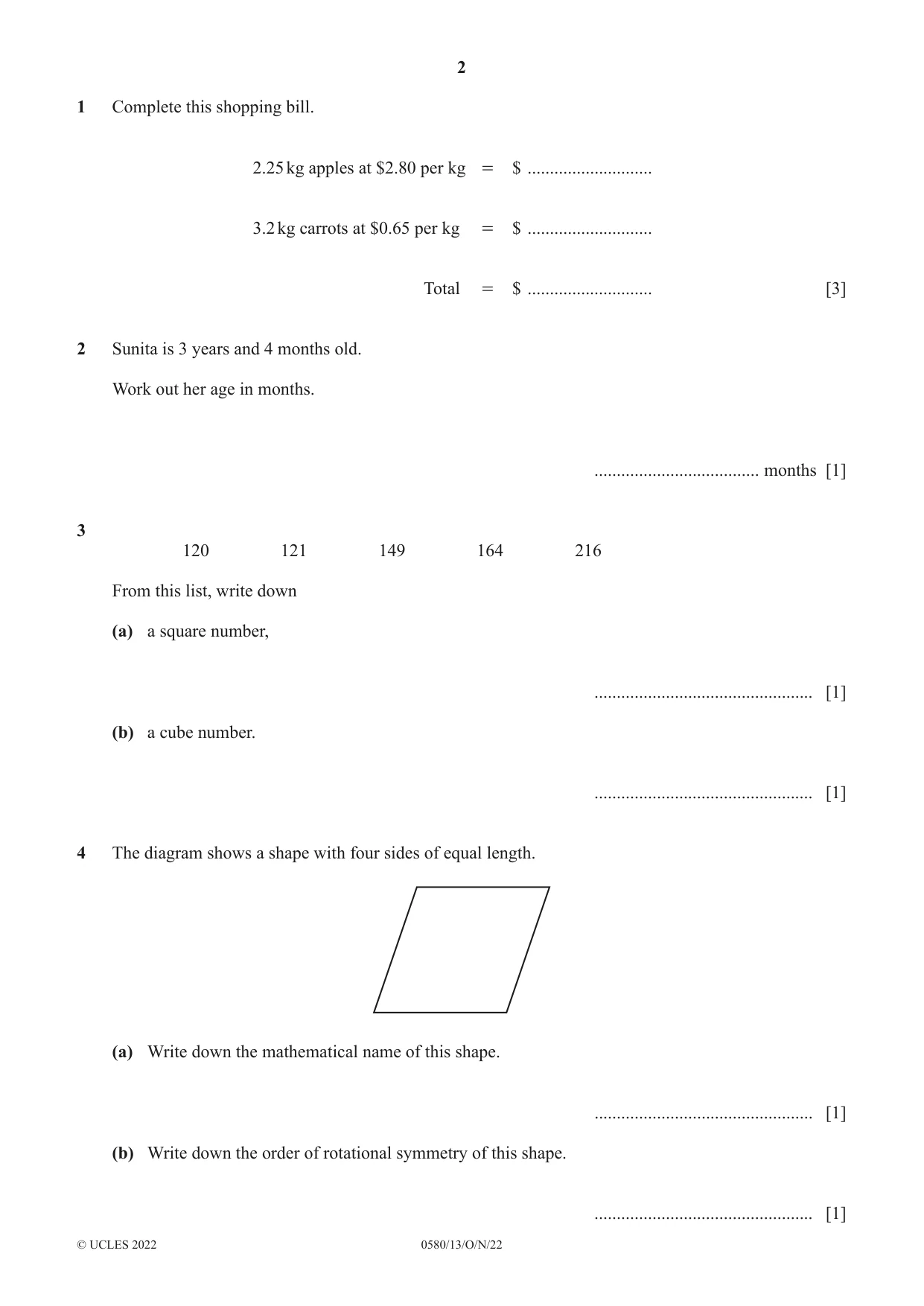 Cambridge IGCSE Mathematics 0580 2022 Oct/Nov Paper 1 · Variant 3 question paper, page 2 of 12