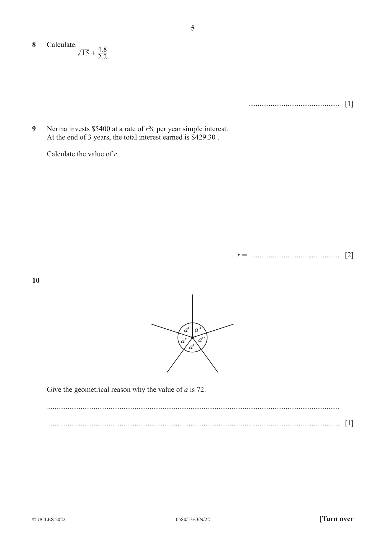 Cambridge IGCSE Mathematics 0580 2022 Oct/Nov Paper 1 · Variant 3 question paper, page 5 of 12