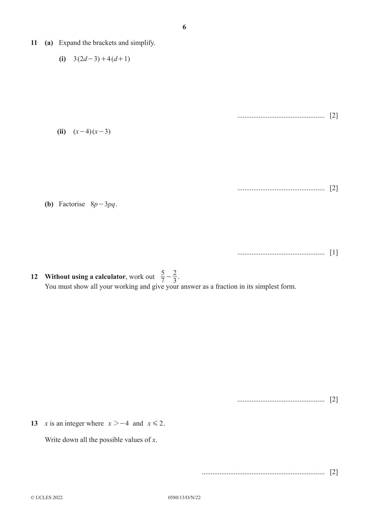 Cambridge IGCSE Mathematics 0580 2022 Oct/Nov Paper 1 · Variant 3 question paper, page 6 of 12