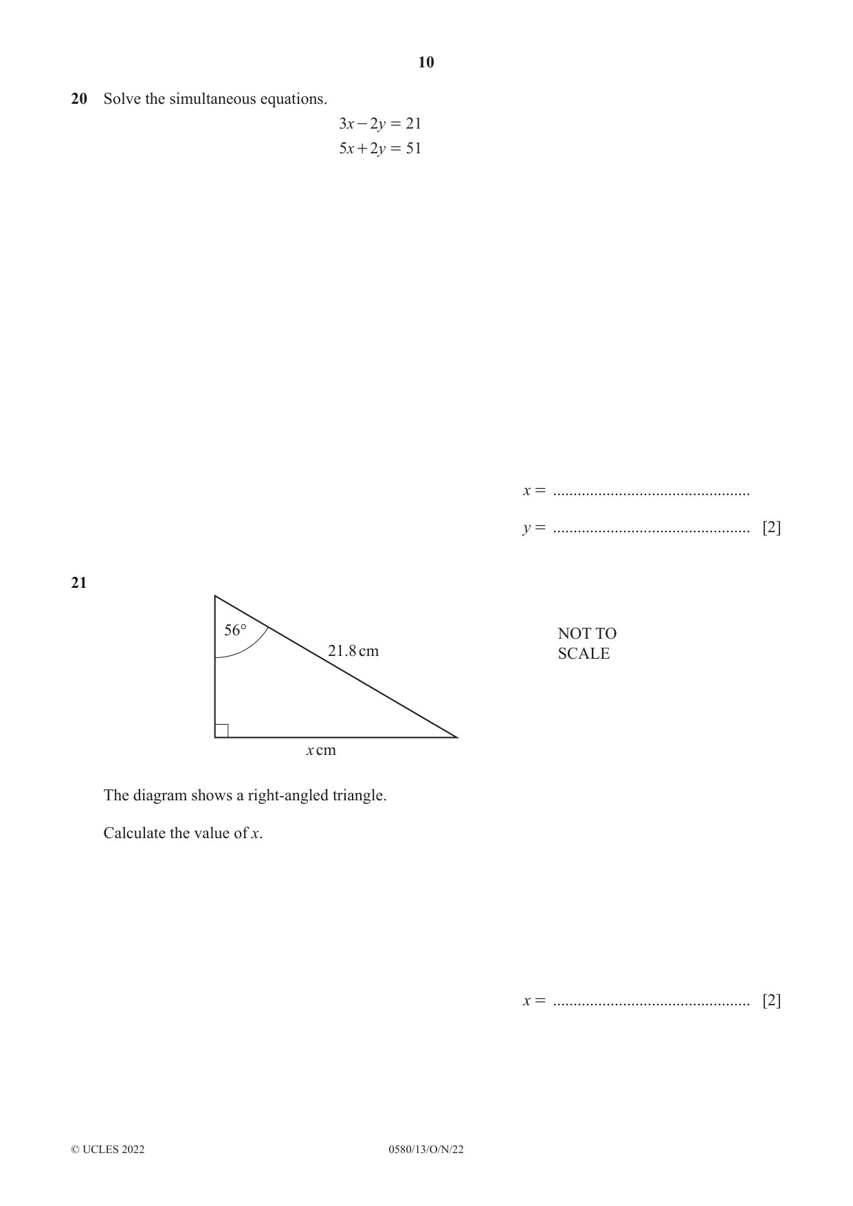 Cambridge IGCSE Mathematics 0580 2022 Oct/Nov Paper 1 · Variant 3 question paper, page 10 of 12