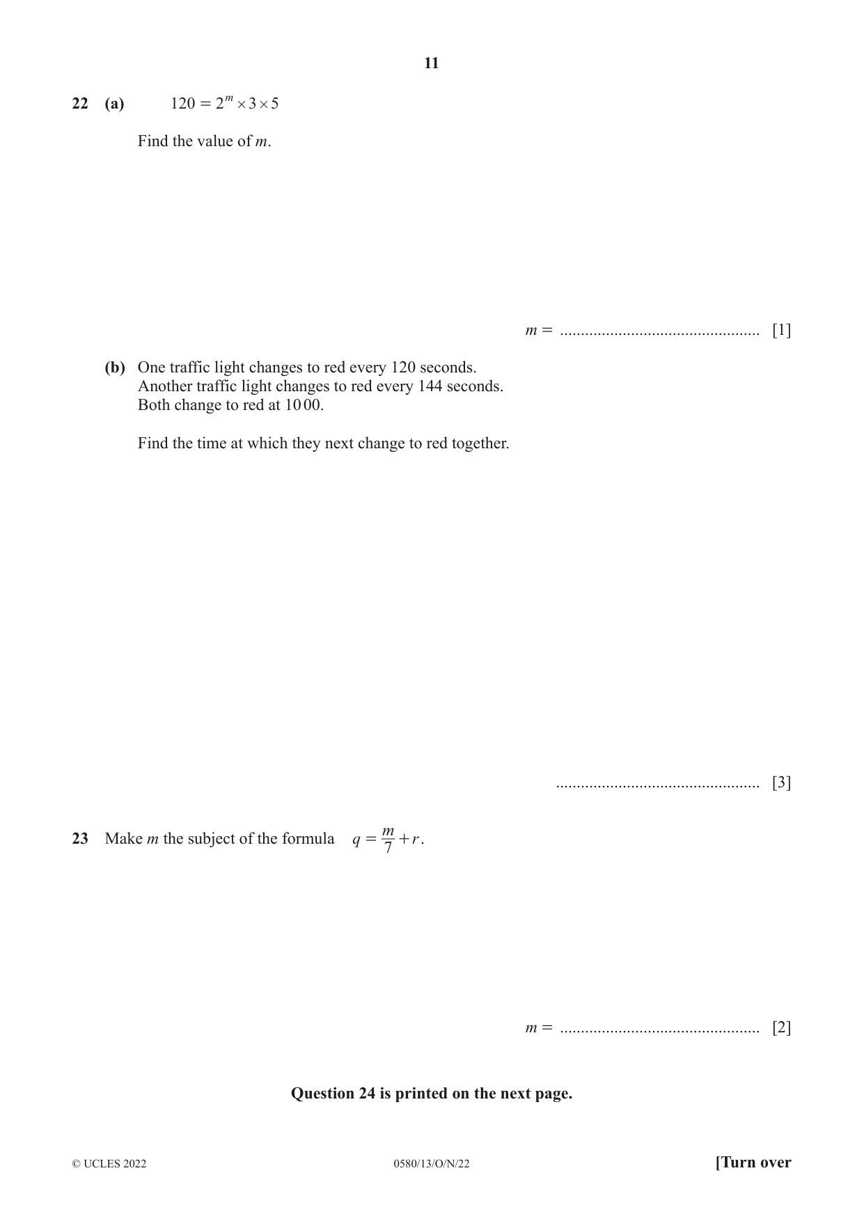 Cambridge IGCSE Mathematics 0580 2022 Oct/Nov Paper 1 · Variant 3 question paper, page 11 of 12