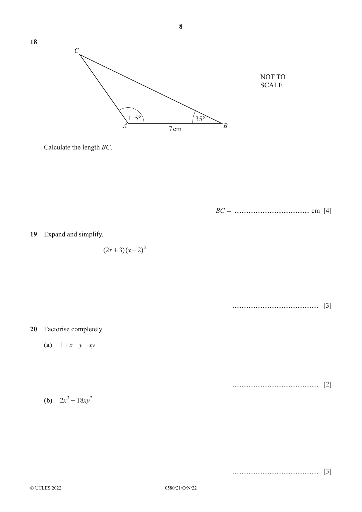 Cambridge IGCSE Mathematics 0580 2022 Oct/Nov Paper 2 · Variant 1 question paper, page 8 of 12