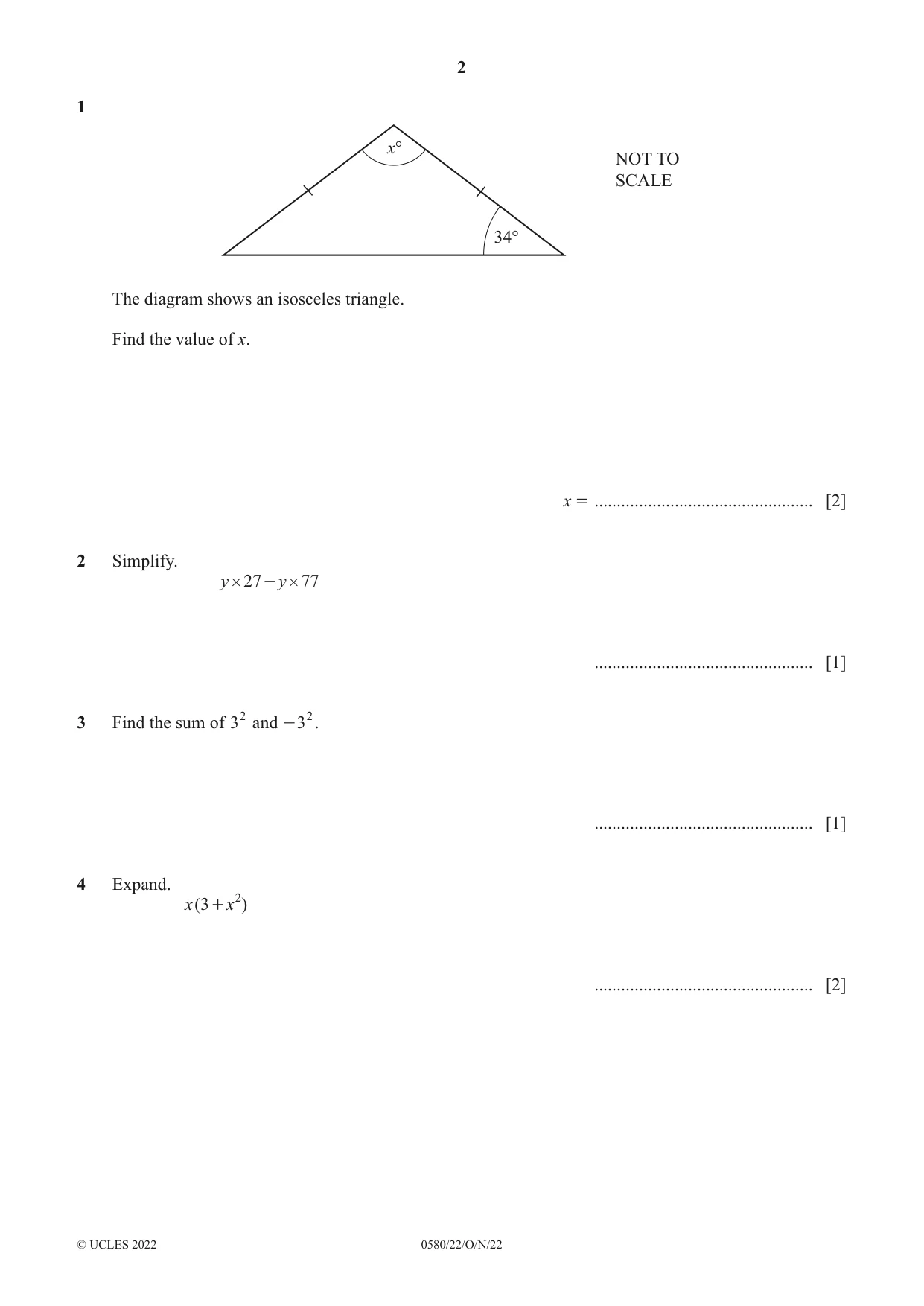 Cambridge IGCSE Mathematics 0580 2022 Oct/Nov Paper 2 · Variant 2 question paper, page 2 of 12