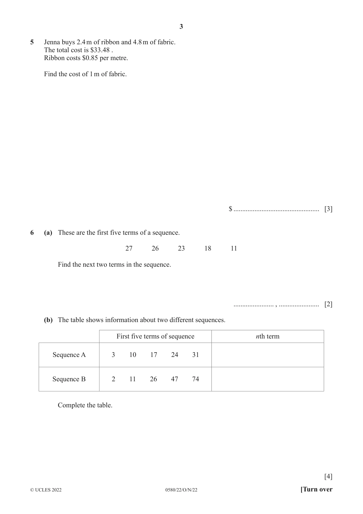 Cambridge IGCSE Mathematics 0580 2022 Oct/Nov Paper 2 · Variant 2 question paper, page 3 of 12