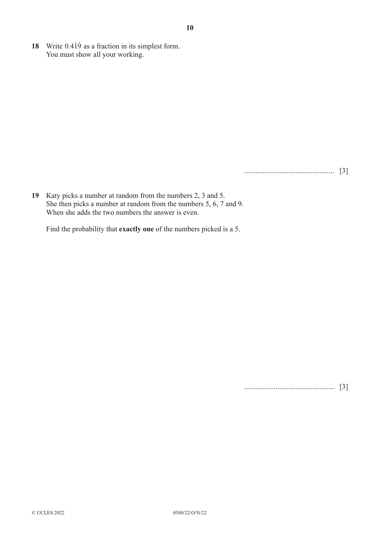 Cambridge IGCSE Mathematics 0580 2022 Oct/Nov Paper 2 · Variant 2 question paper, page 10 of 12