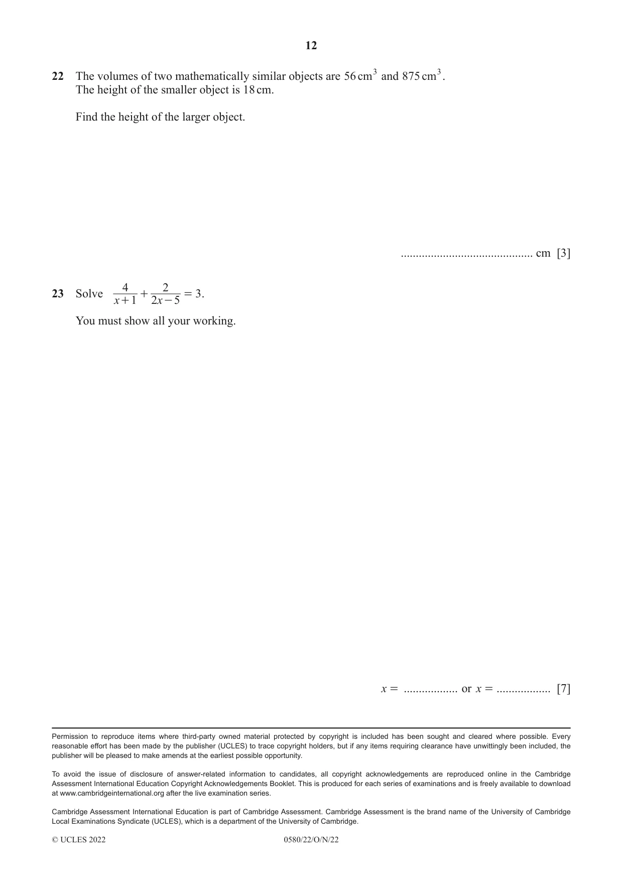 Cambridge IGCSE Mathematics 0580 2022 Oct/Nov Paper 2 · Variant 2 question paper, page 12 of 12