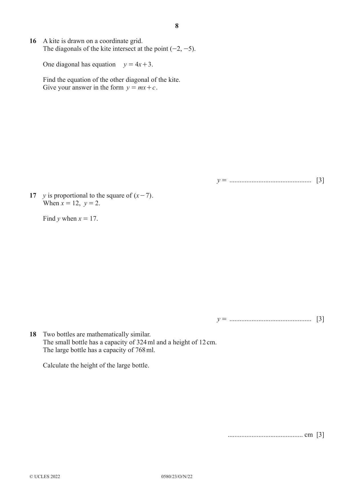 Cambridge IGCSE Mathematics 0580 2022 Oct/Nov Paper 2 · Variant 3 question paper, page 8 of 12