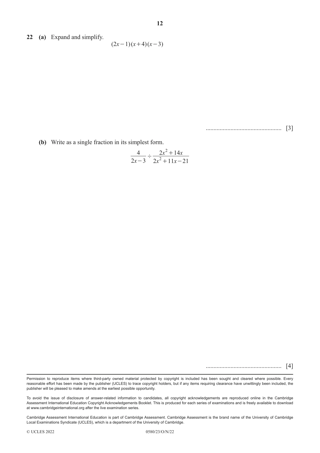 Cambridge IGCSE Mathematics 0580 2022 Oct/Nov Paper 2 · Variant 3 question paper, page 12 of 12