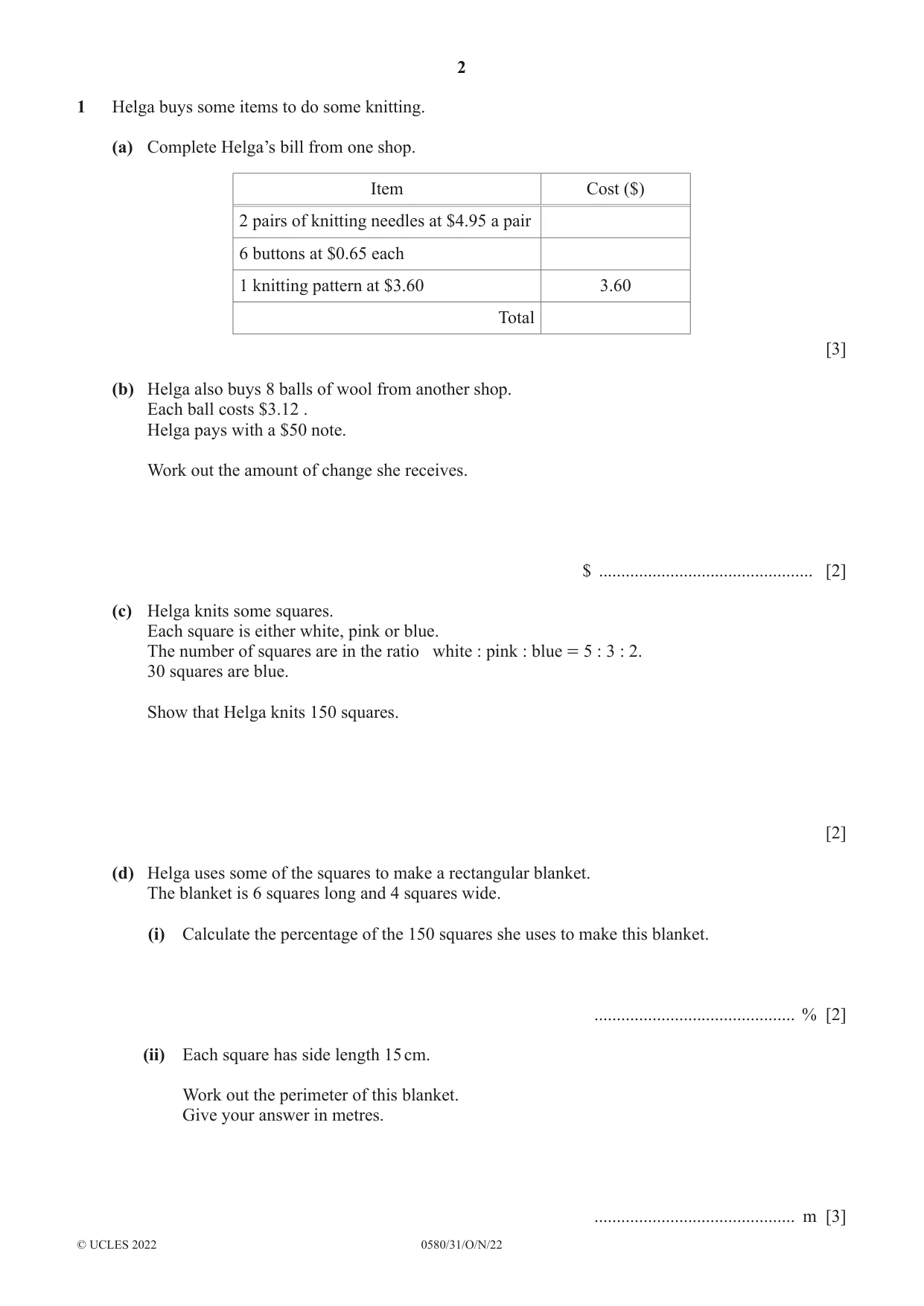 Cambridge IGCSE Mathematics 0580 2022 Oct/Nov Paper 3 · Variant 1 question paper, page 2 of 16