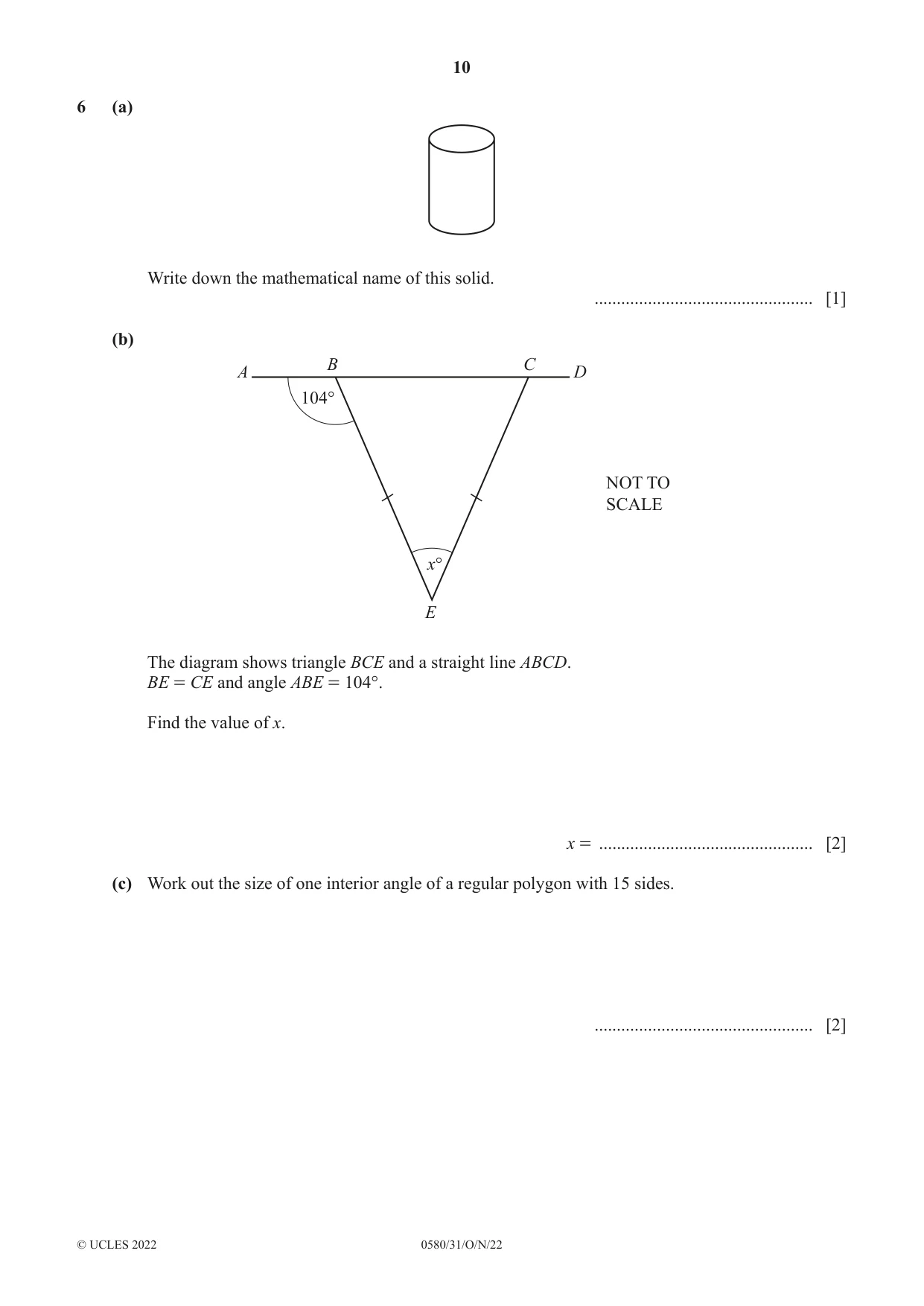 Cambridge IGCSE Mathematics 0580 2022 Oct/Nov Paper 3 · Variant 1 question paper, page 10 of 16