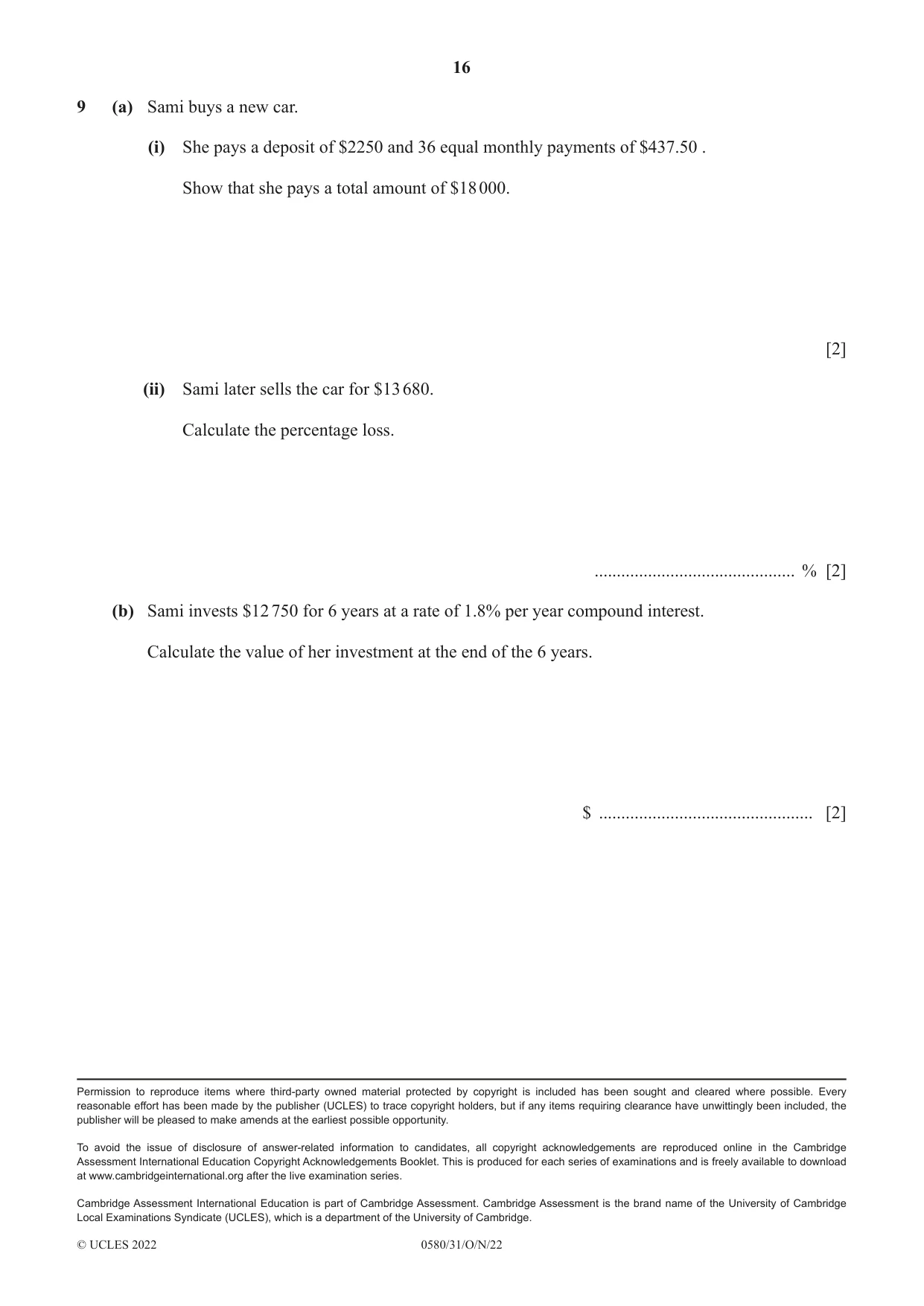 Cambridge IGCSE Mathematics 0580 2022 Oct/Nov Paper 3 · Variant 1 question paper, page 16 of 16