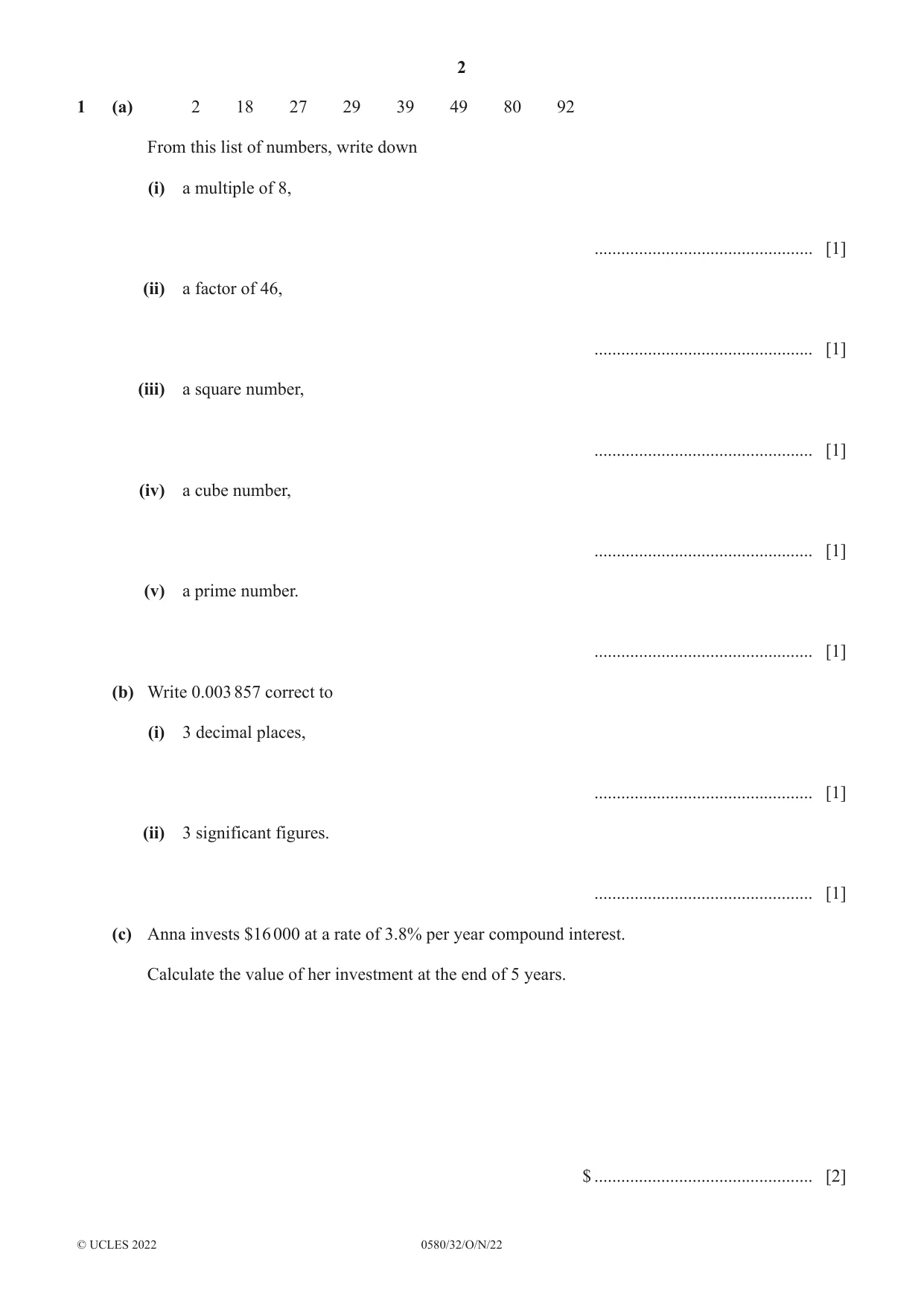 Cambridge IGCSE Mathematics 0580 2022 Oct/Nov Paper 3 · Variant 2 question paper, page 2 of 20