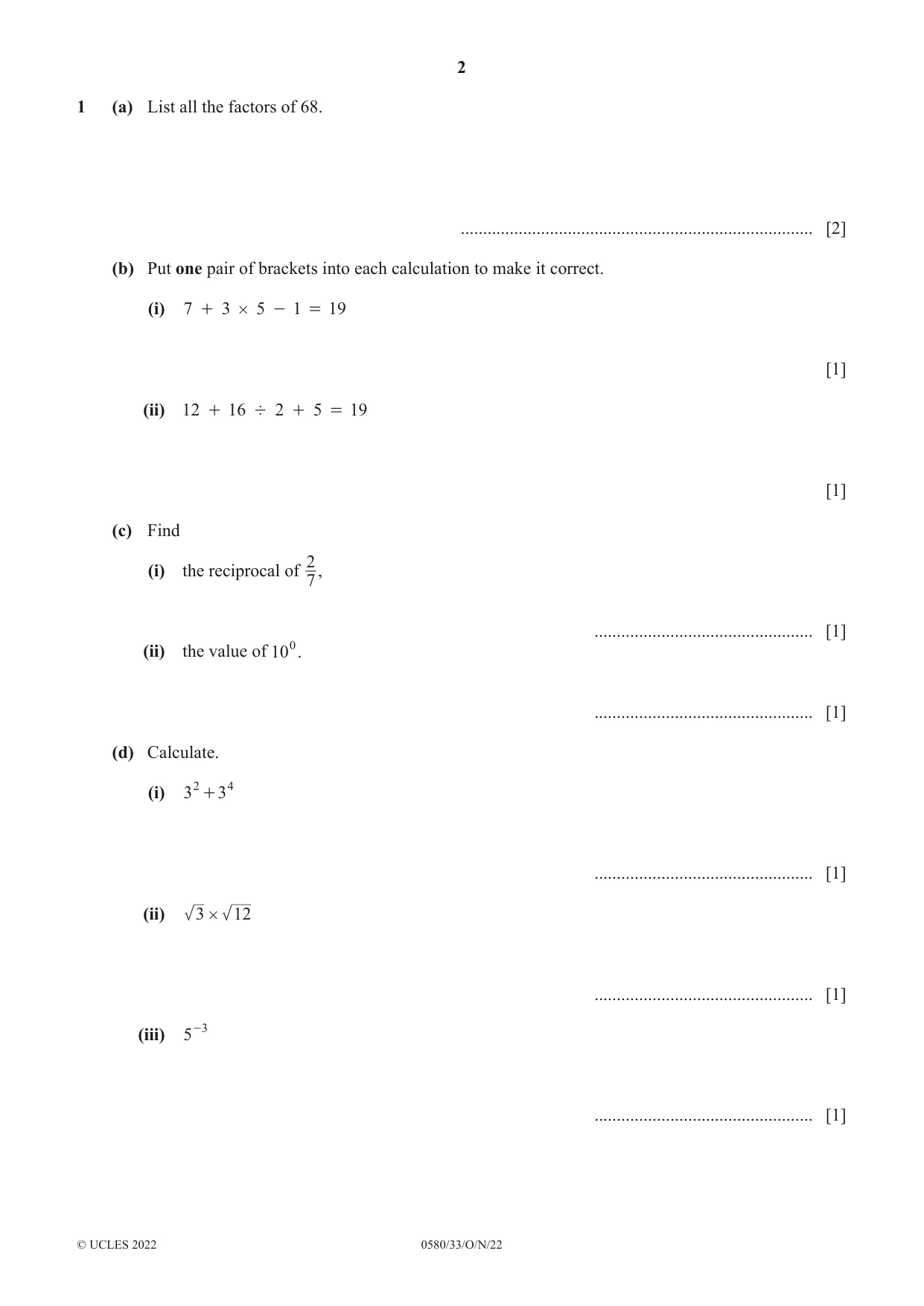 Cambridge IGCSE Mathematics 0580 2022 Oct/Nov Paper 3 · Variant 3 question paper, page 2 of 20