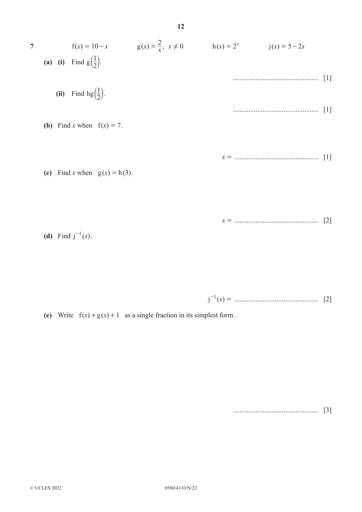 Cambridge IGCSE Mathematics 0580 2022 Oct/Nov Paper 4 · Variant 1 question paper, page 12 of 20