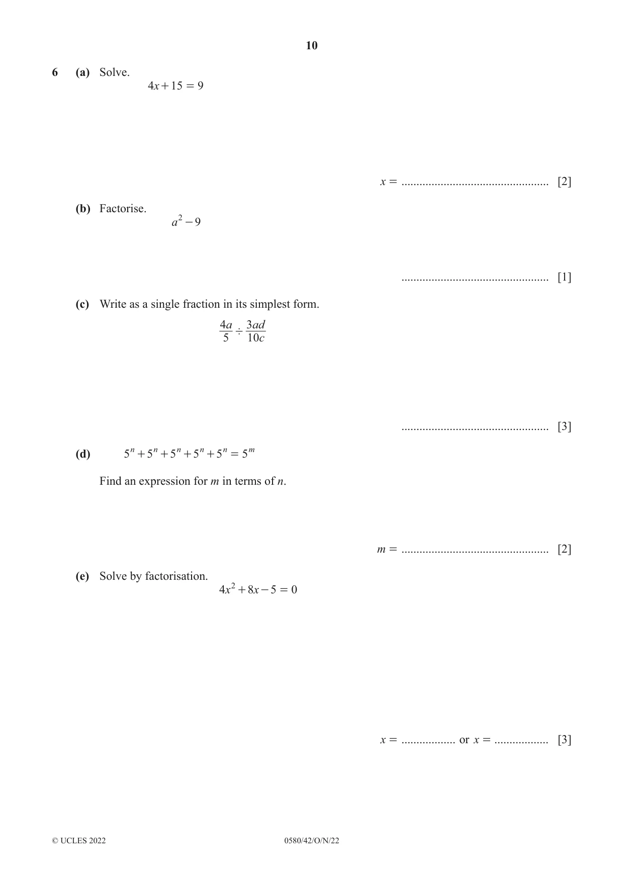 Cambridge IGCSE Mathematics 0580 2022 Oct/Nov Paper 4 · Variant 2 question paper, page 10 of 20