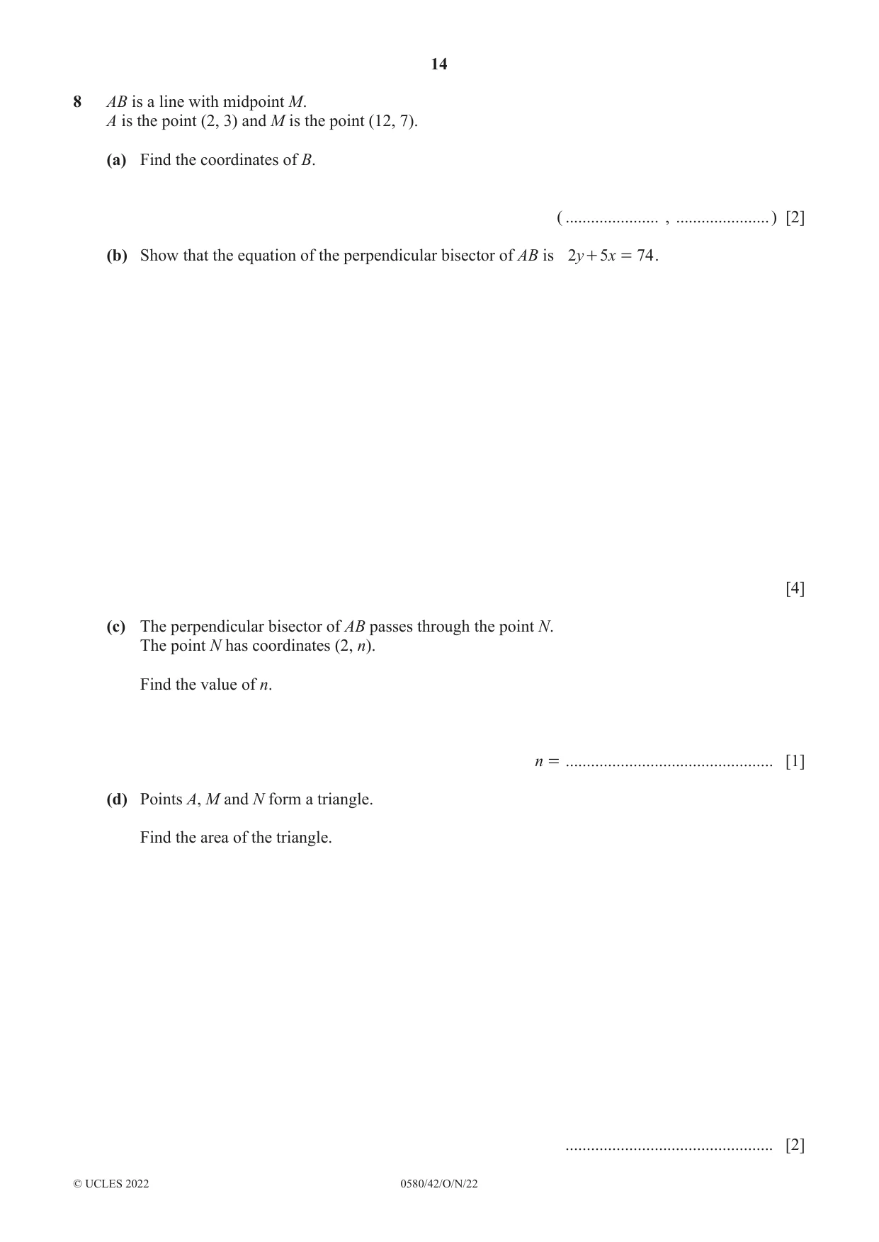 Cambridge IGCSE Mathematics 0580 2022 Oct/Nov Paper 4 · Variant 2 question paper, page 14 of 20