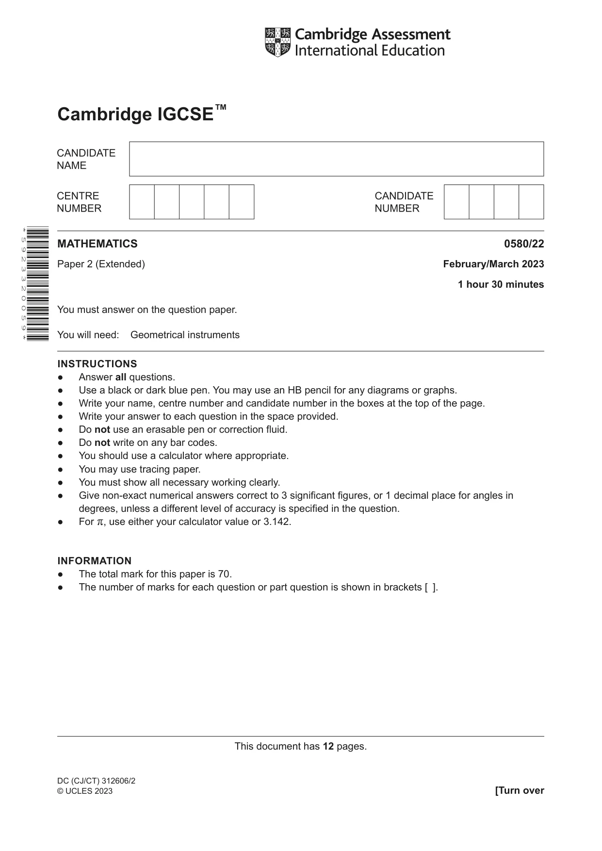 Cambridge IGCSE Mathematics 0580 2023 Feb/March Paper 2 · Variant 2 question paper, page 1 of 12