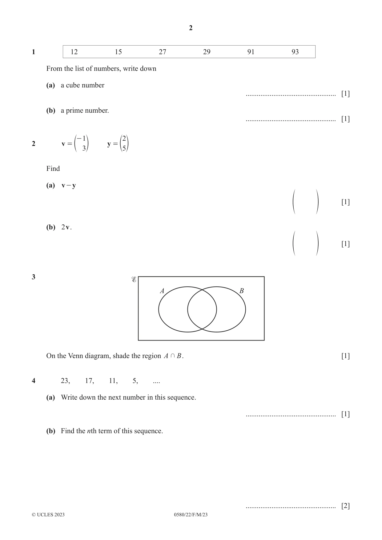 Cambridge IGCSE Mathematics 0580 2023 Feb/March Paper 2 · Variant 2 question paper, page 2 of 12