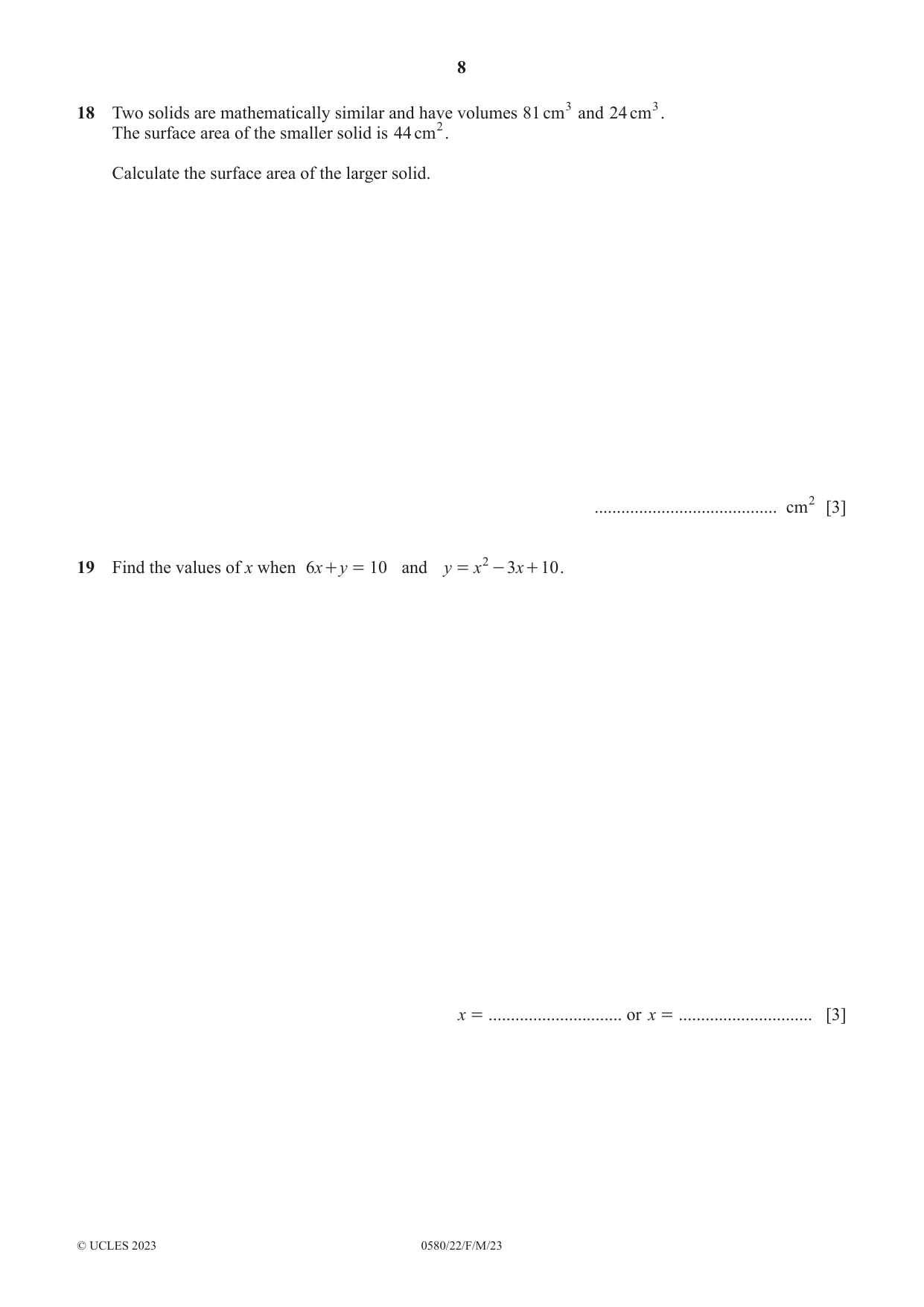 Cambridge IGCSE Mathematics 0580 2023 Feb/March Paper 2 · Variant 2 question paper, page 8 of 12
