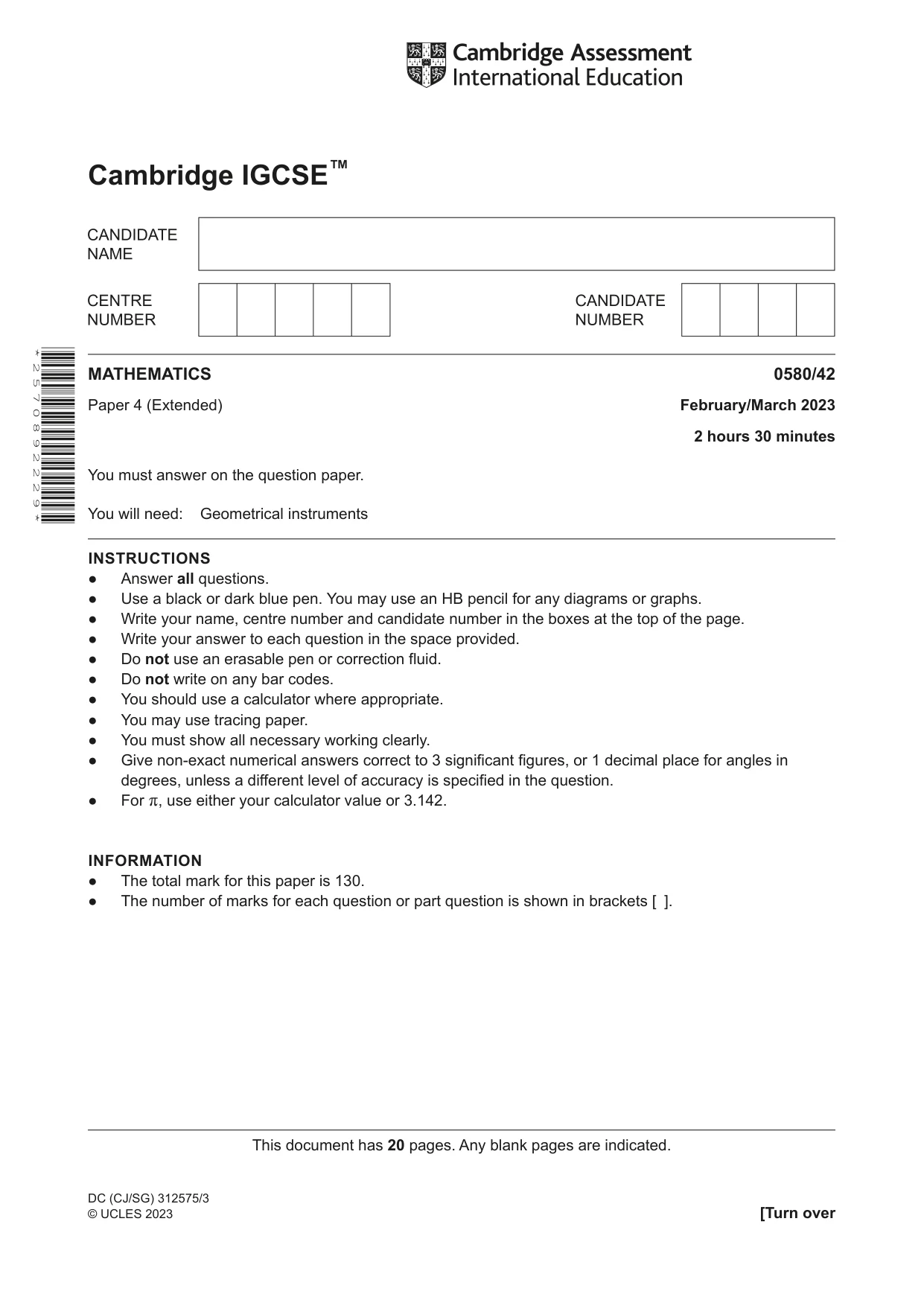 Cambridge IGCSE Mathematics 0580 2023 Feb/March Paper 4 · Variant 2 question paper, page 1 of 20