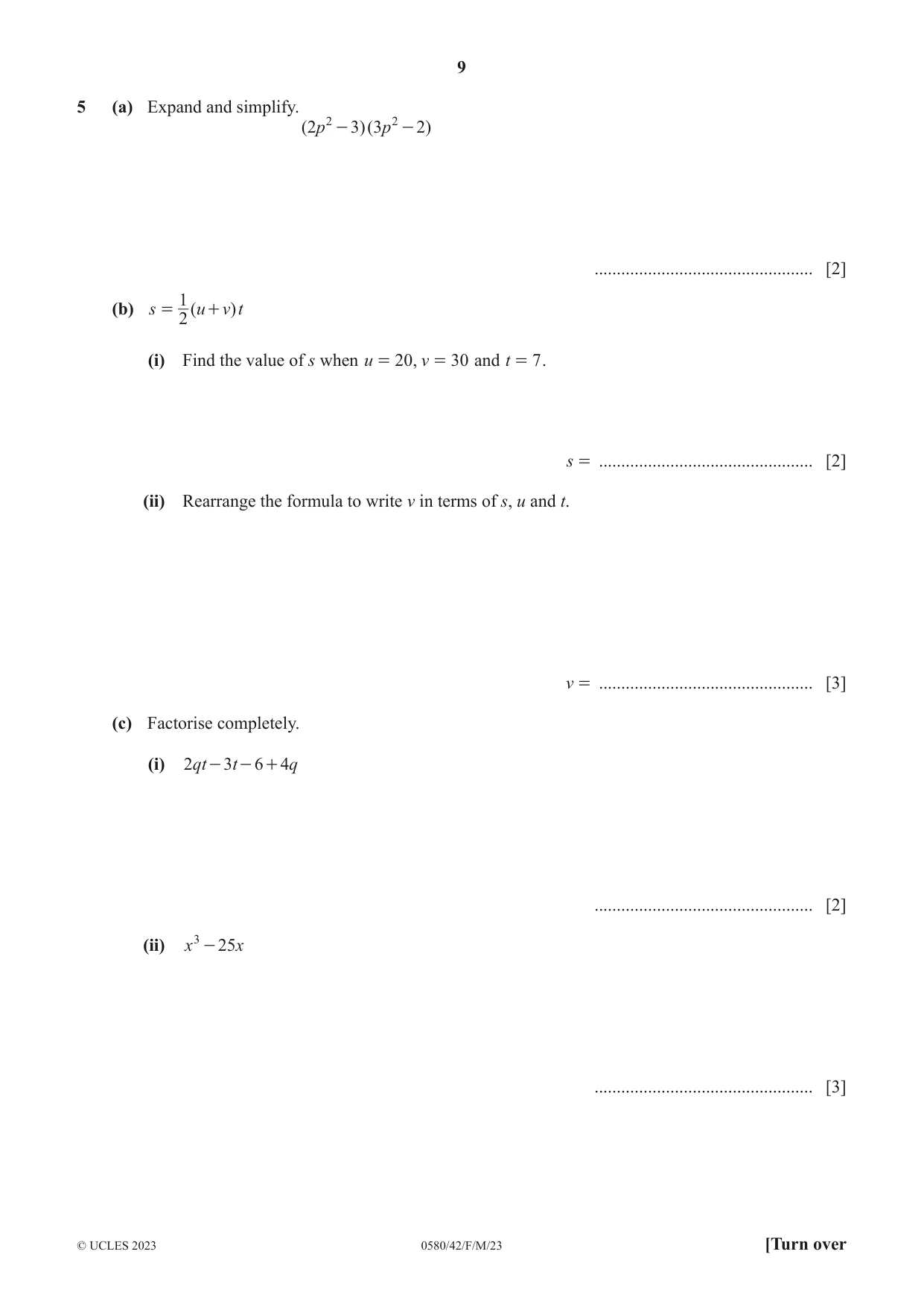 Cambridge IGCSE Mathematics 0580 2023 Feb/March Paper 4 · Variant 2 question paper, page 9 of 20