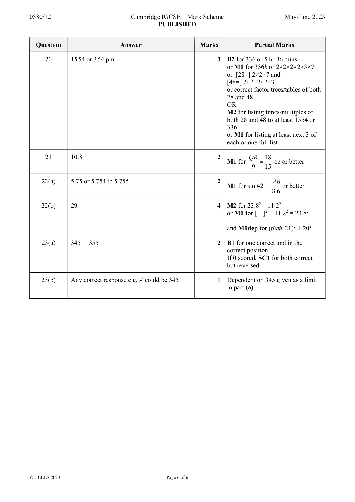 Mark scheme, page 6 of 6