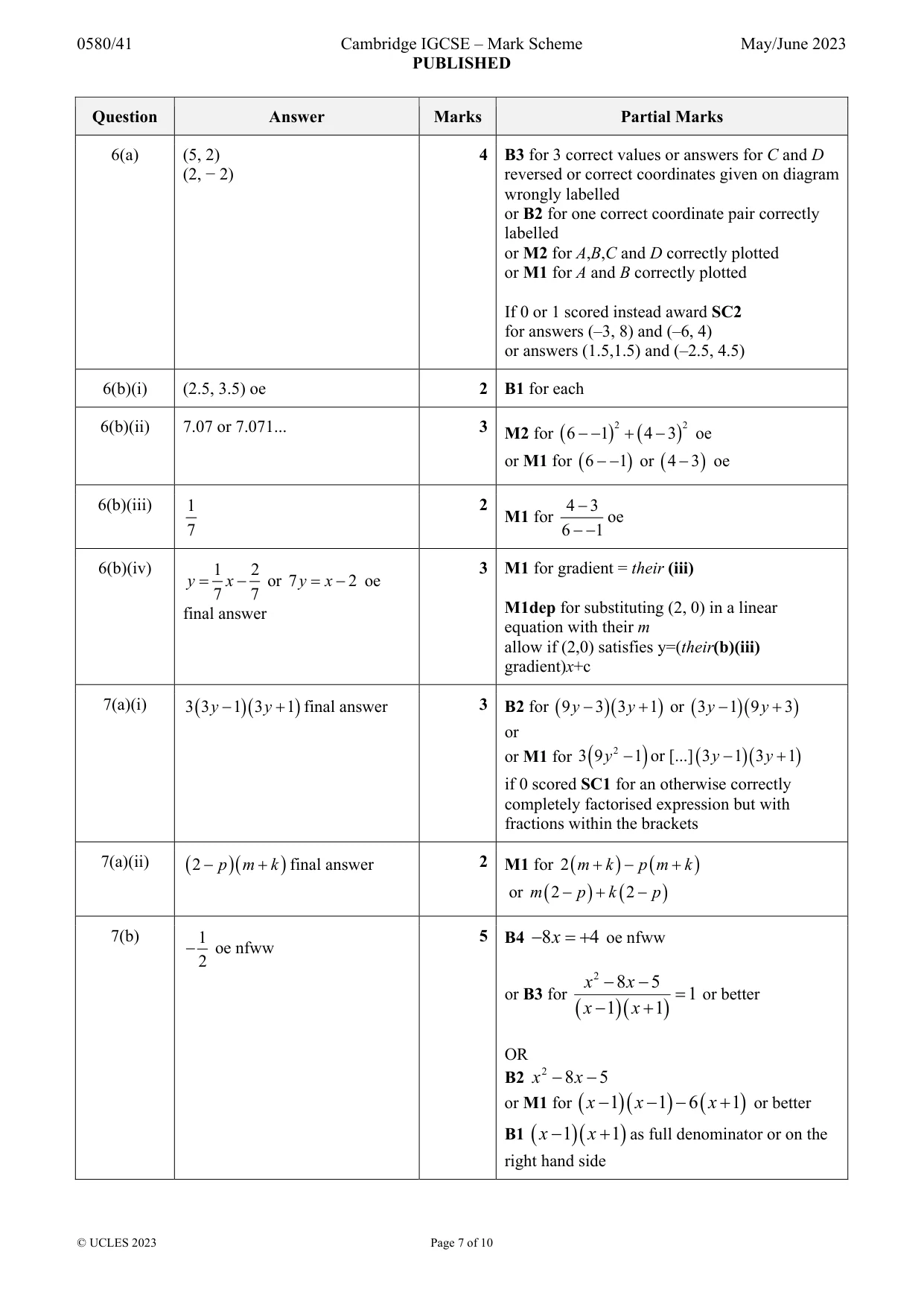 Mark scheme, page 7 of 10
