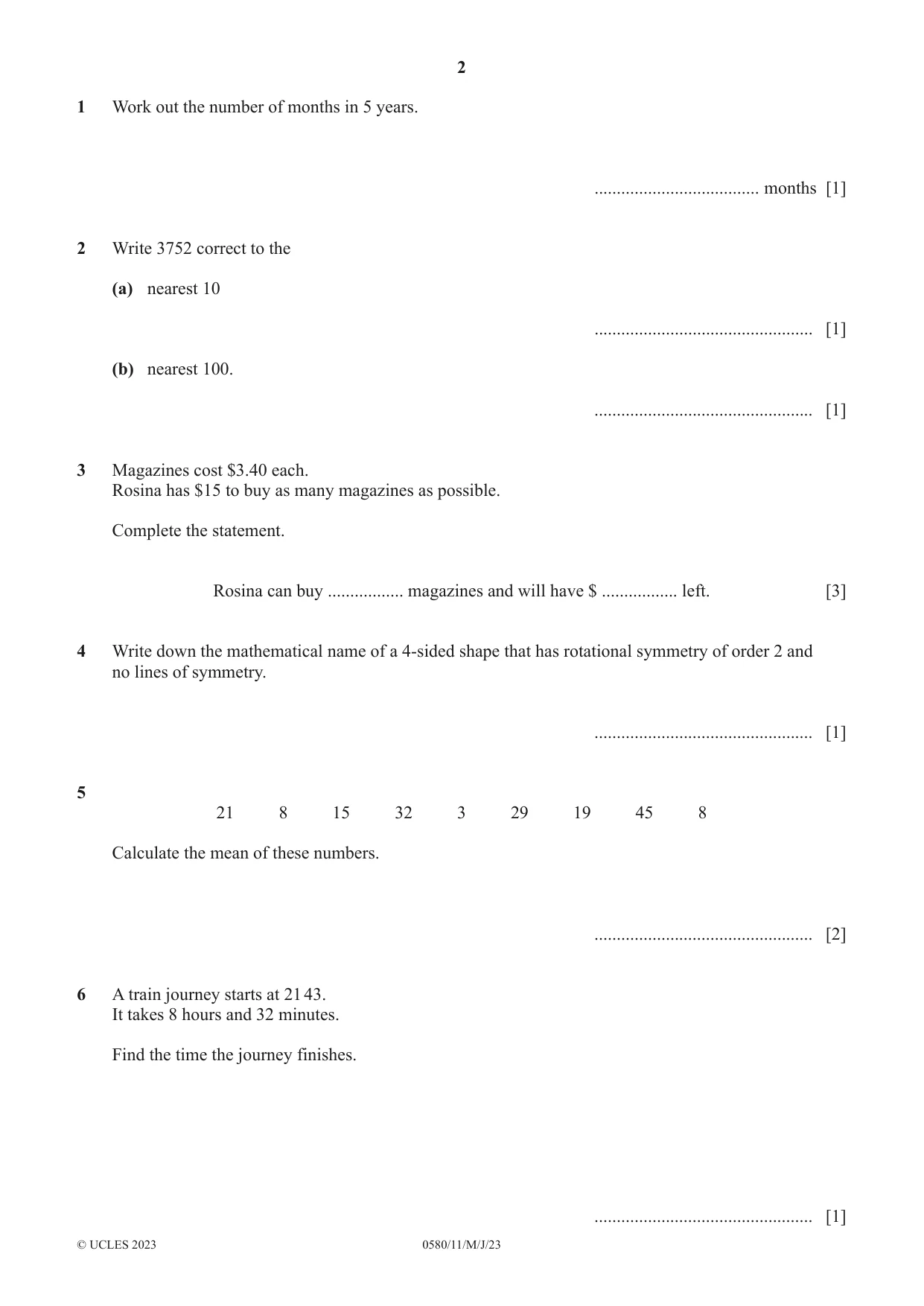 Cambridge IGCSE Mathematics 0580 2023 May/June Paper 1 · Variant 1 question paper, page 2 of 12