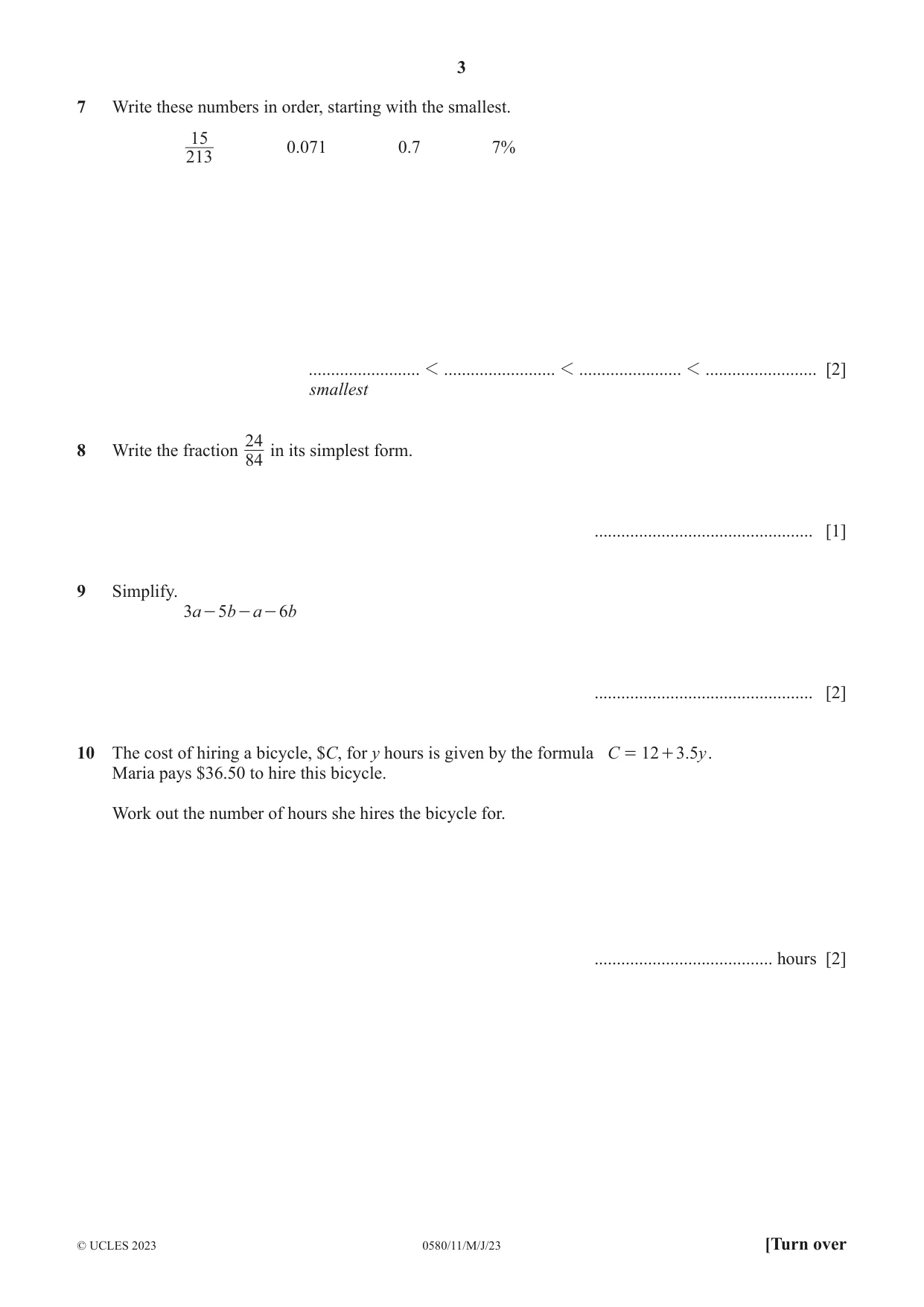 Cambridge IGCSE Mathematics 0580 2023 May/June Paper 1 · Variant 1 question paper, page 3 of 12