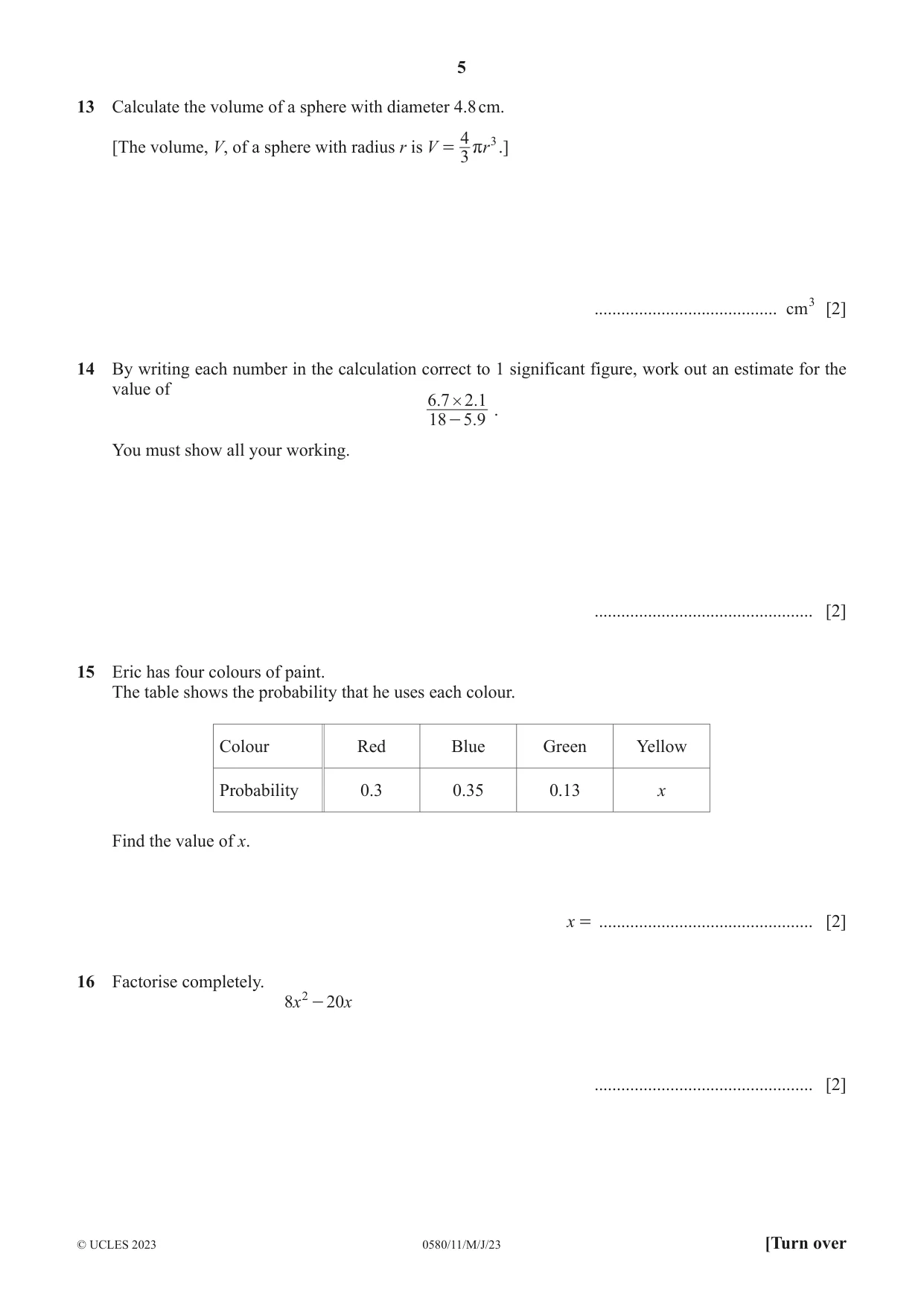 Cambridge IGCSE Mathematics 0580 2023 May/June Paper 1 · Variant 1 question paper, page 5 of 12