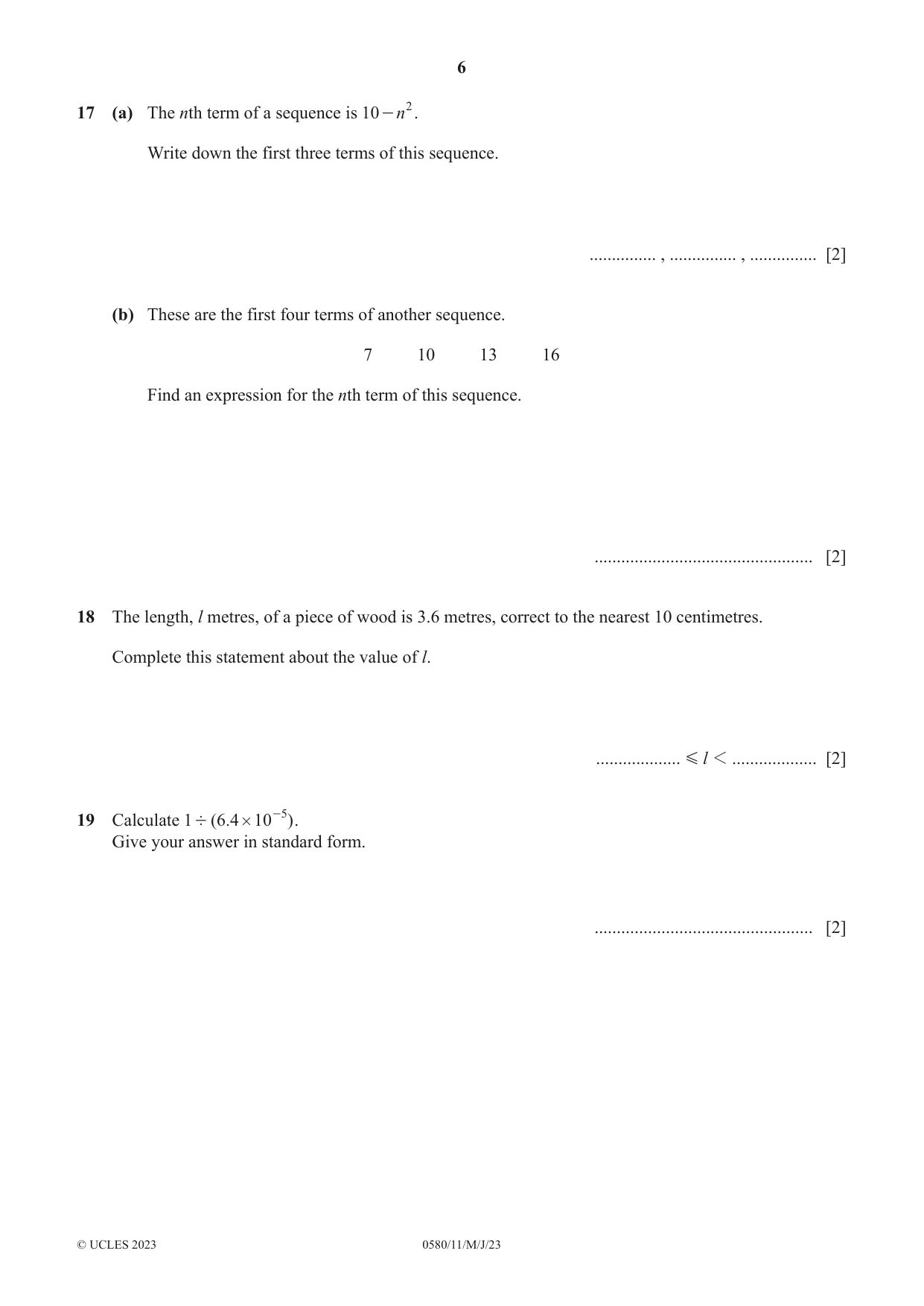 Cambridge IGCSE Mathematics 0580 2023 May/June Paper 1 · Variant 1 question paper, page 6 of 12