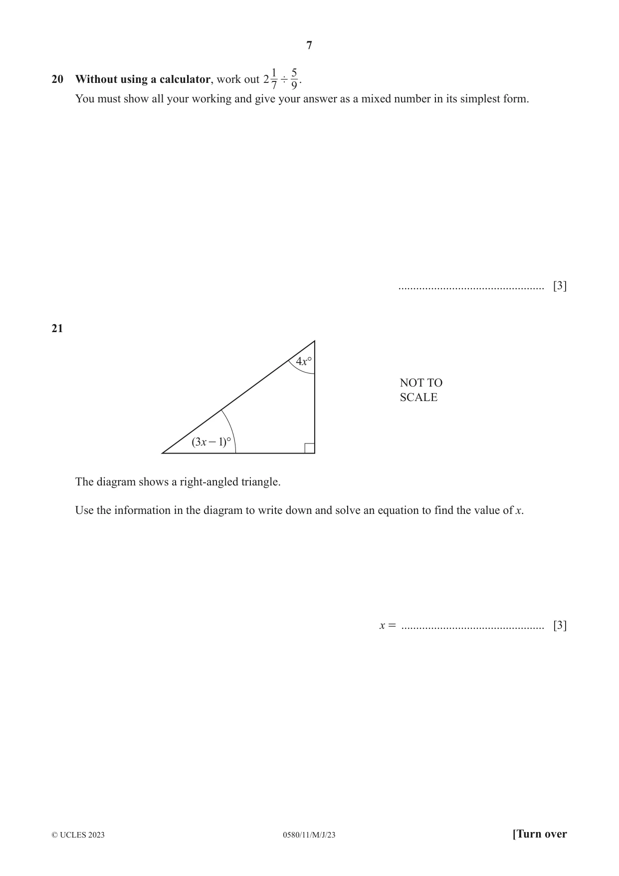 Cambridge IGCSE Mathematics 0580 2023 May/June Paper 1 · Variant 1 question paper, page 7 of 12