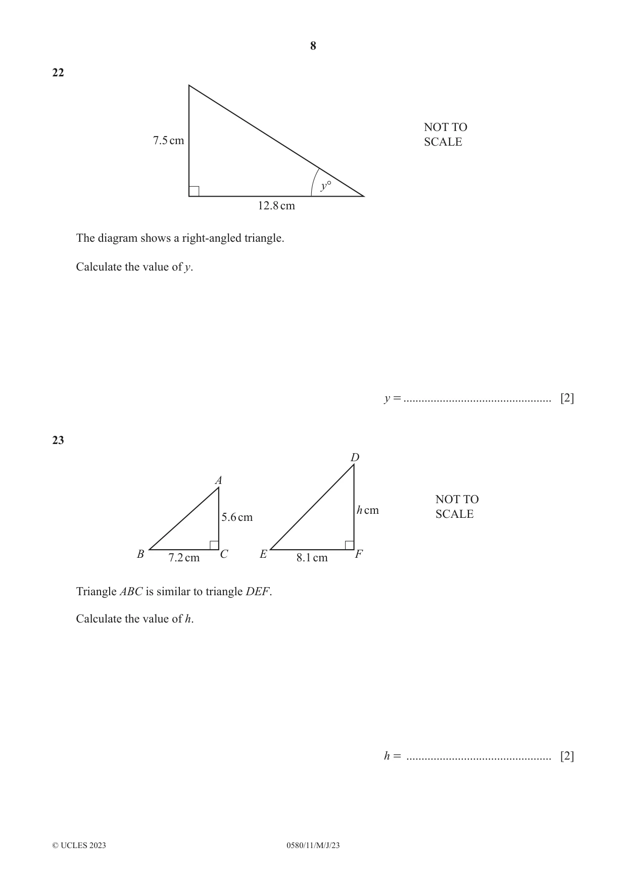 Cambridge IGCSE Mathematics 0580 2023 May/June Paper 1 · Variant 1 question paper, page 8 of 12