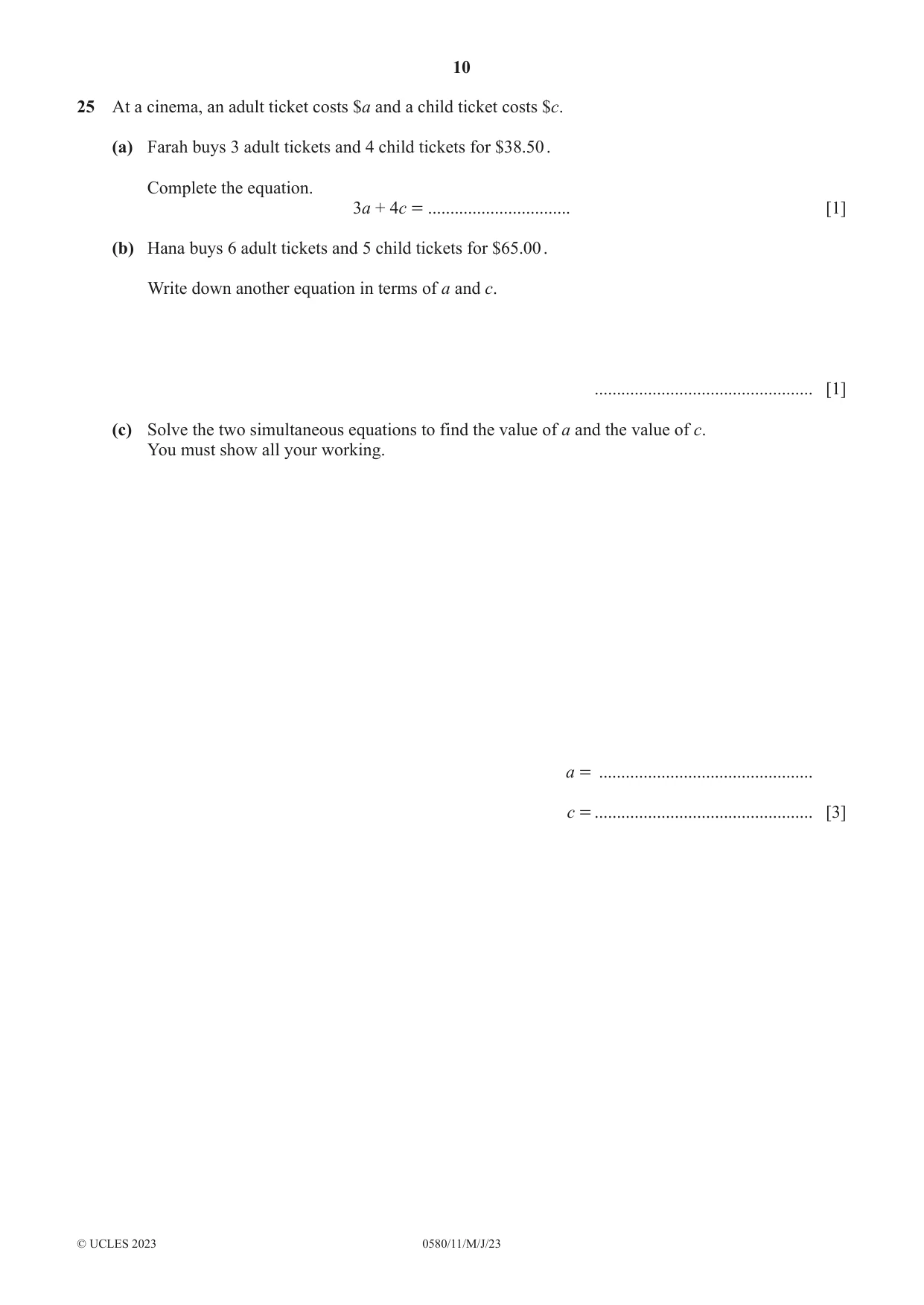 Cambridge IGCSE Mathematics 0580 2023 May/June Paper 1 · Variant 1 question paper, page 10 of 12