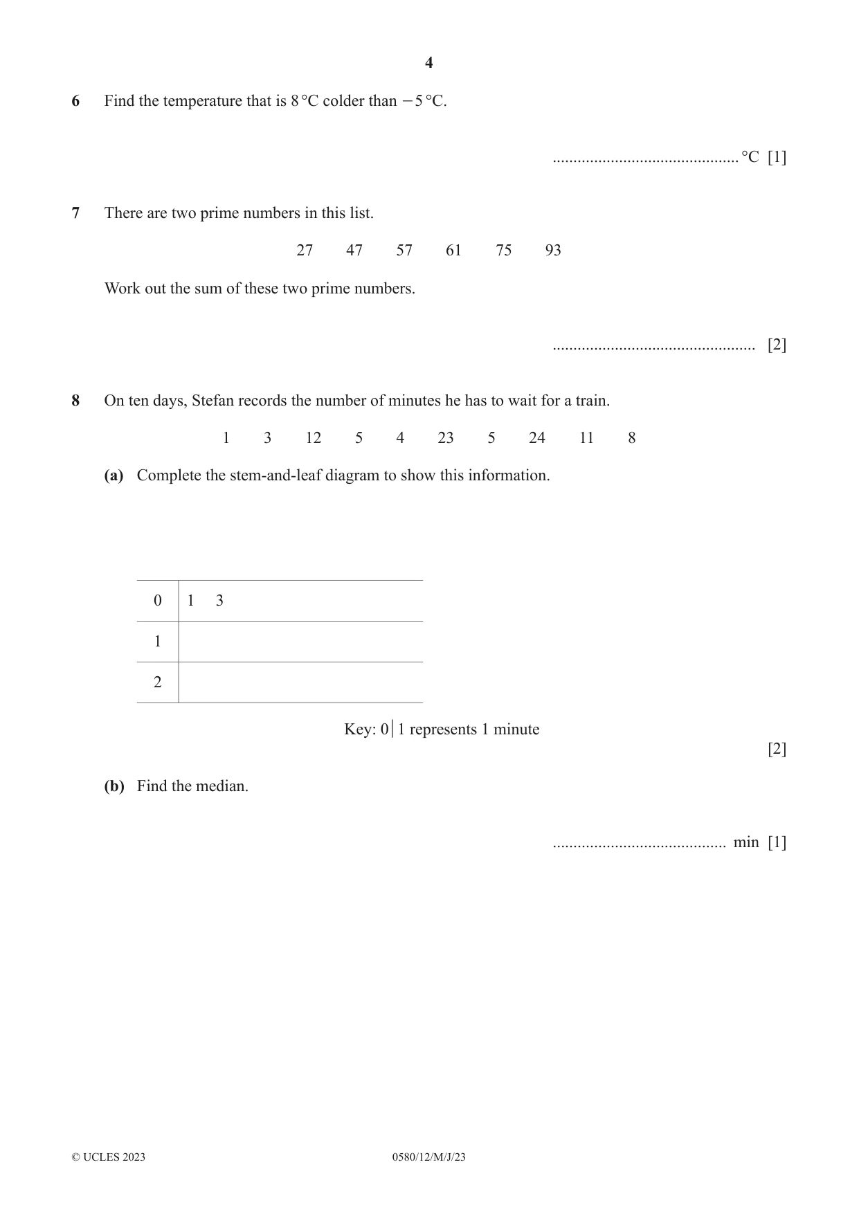 Cambridge IGCSE Mathematics 0580 2023 May/June Paper 1 · Variant 2 question paper, page 4 of 12