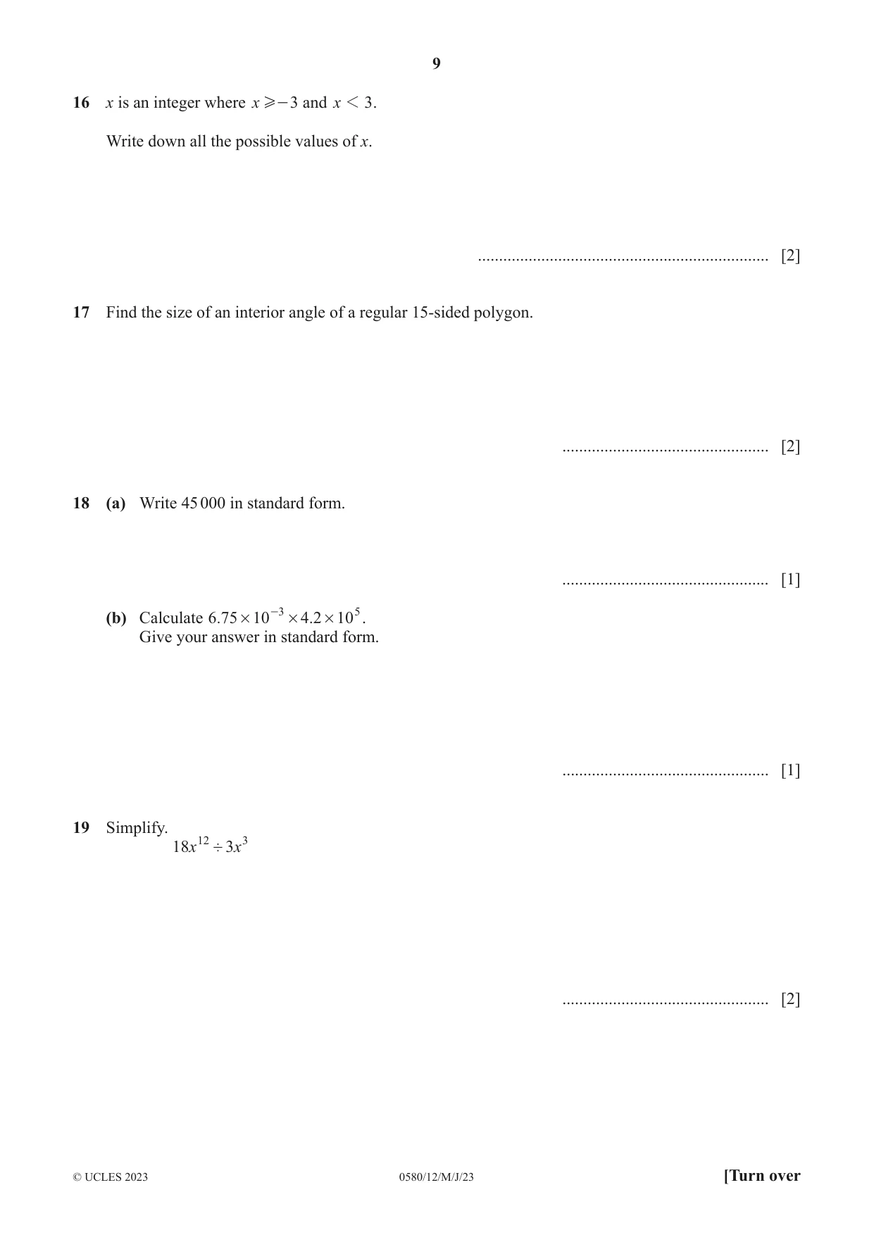 Cambridge IGCSE Mathematics 0580 2023 May/June Paper 1 · Variant 2 question paper, page 9 of 12