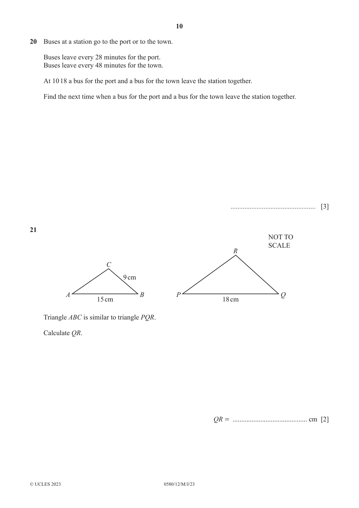 Cambridge IGCSE Mathematics 0580 2023 May/June Paper 1 · Variant 2 question paper, page 10 of 12