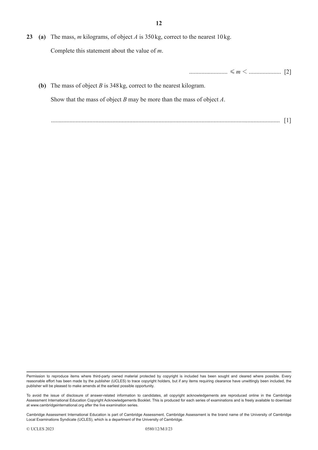 Cambridge IGCSE Mathematics 0580 2023 May/June Paper 1 · Variant 2 question paper, page 12 of 12