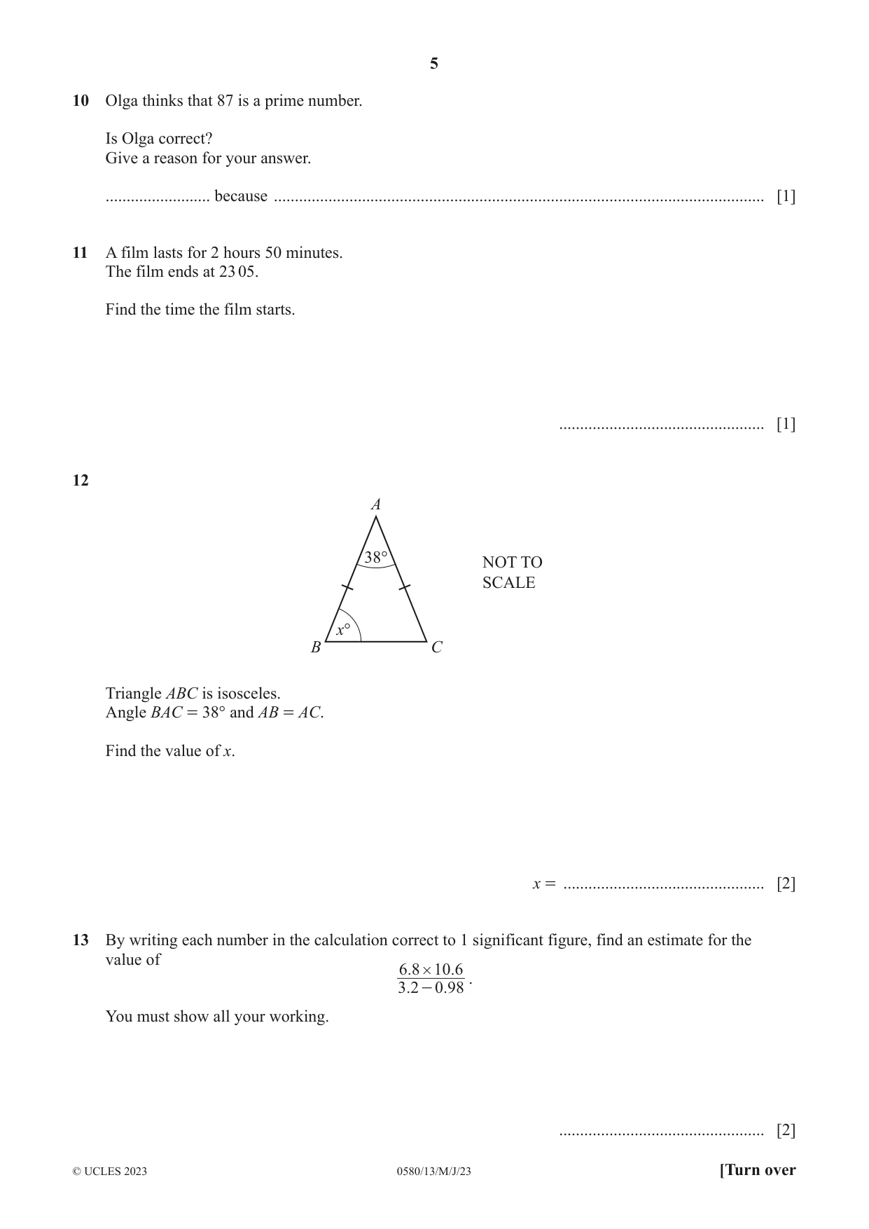 Cambridge IGCSE Mathematics 0580 2023 May/June Paper 1 · Variant 3 question paper, page 5 of 12