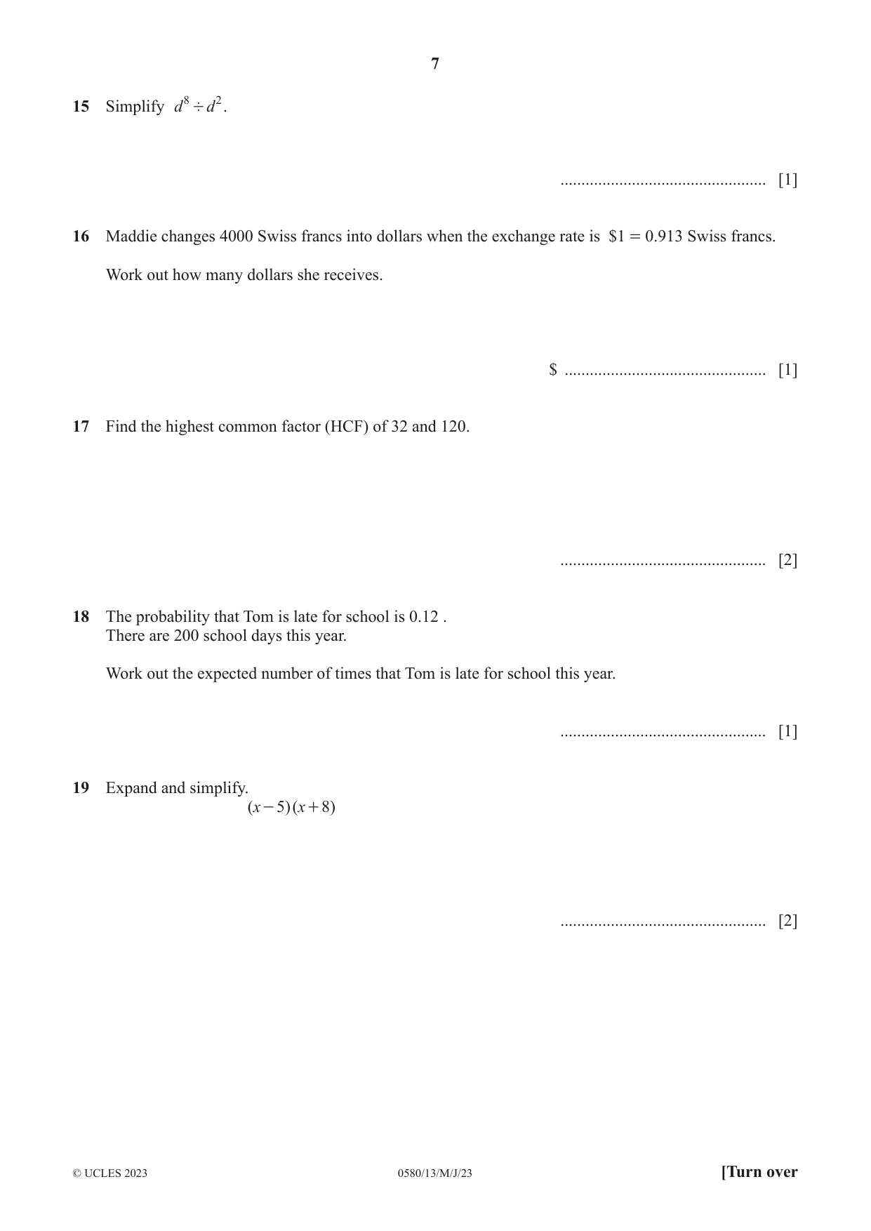 Cambridge IGCSE Mathematics 0580 2023 May/June Paper 1 · Variant 3 question paper, page 7 of 12