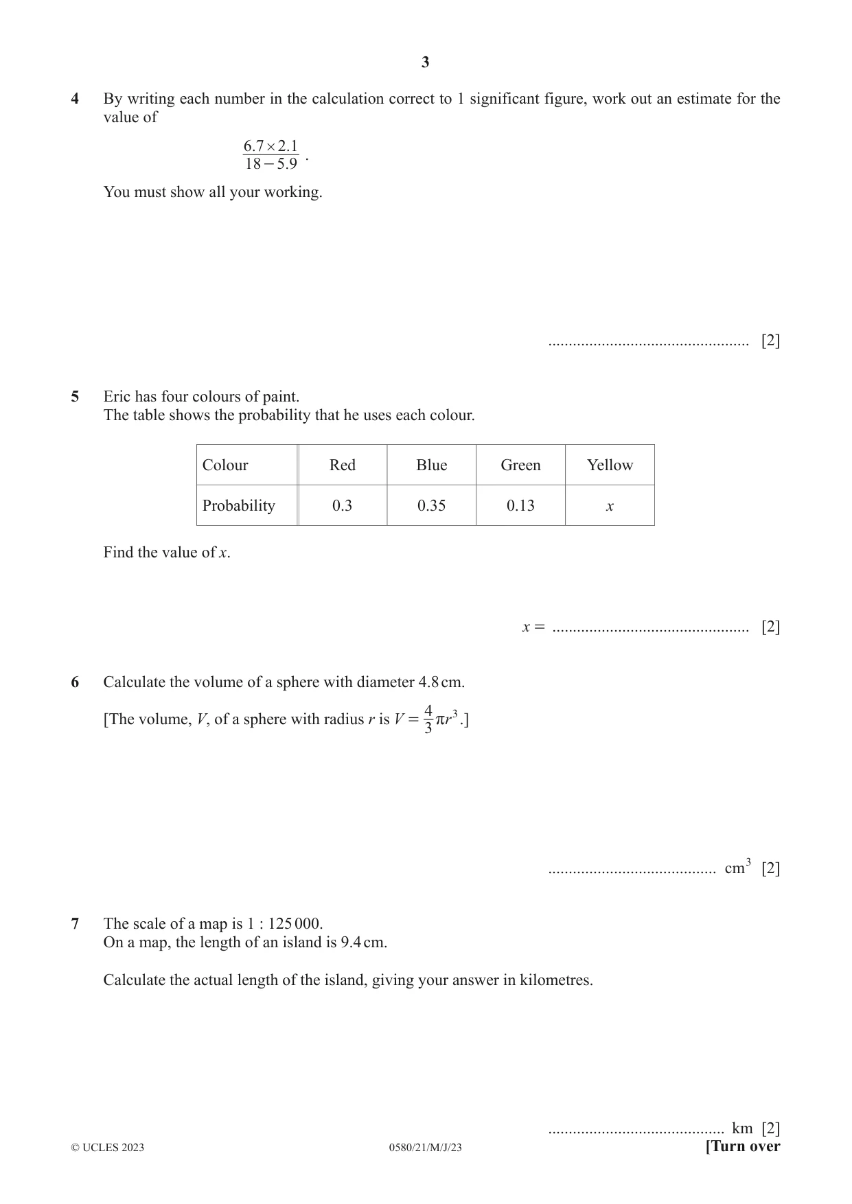 Cambridge IGCSE Mathematics 0580 2023 May/June Paper 2 · Variant 1 question paper, page 3 of 12