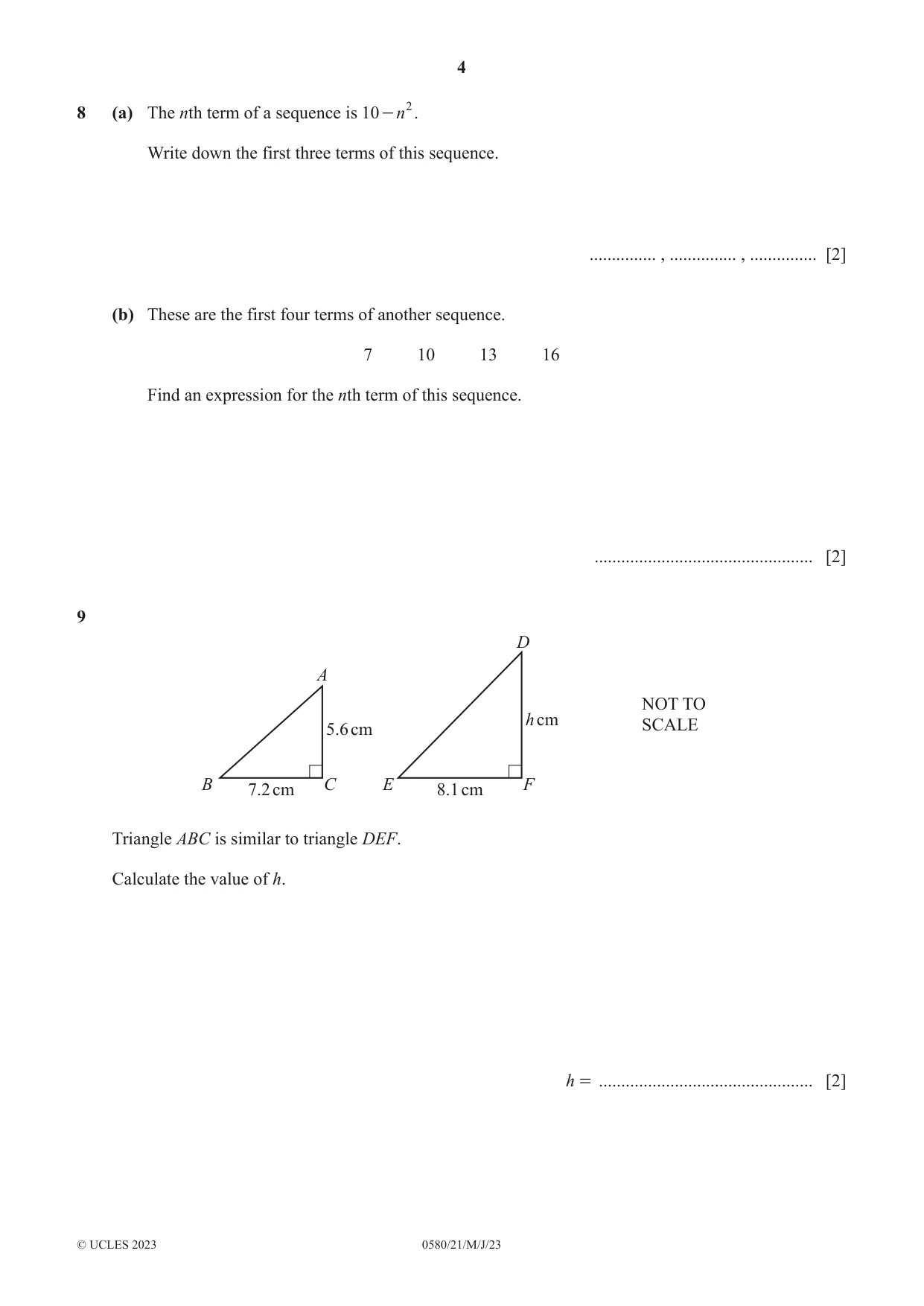 Cambridge IGCSE Mathematics 0580 2023 May/June Paper 2 · Variant 1 question paper, page 4 of 12