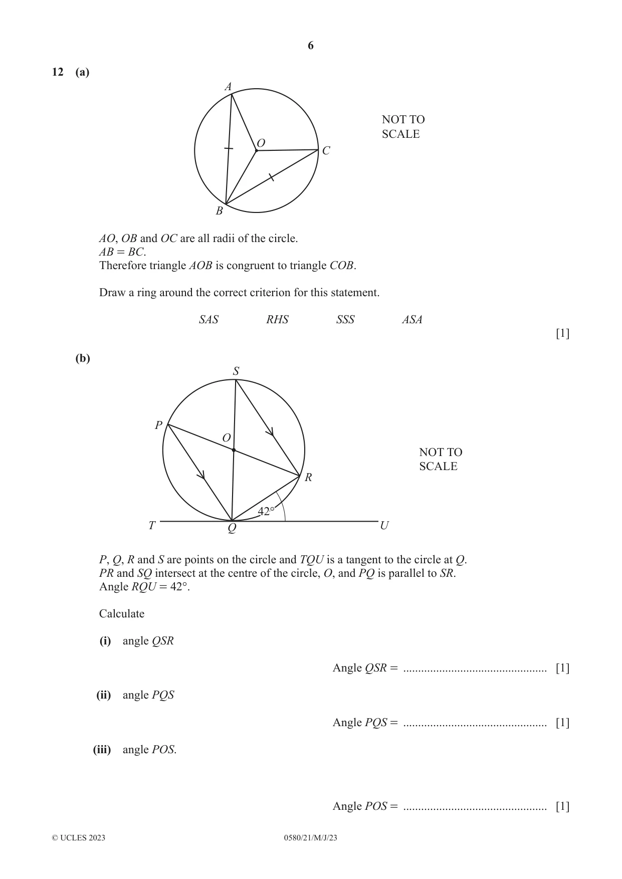 Cambridge IGCSE Mathematics 0580 2023 May/June Paper 2 · Variant 1 question paper, page 6 of 12