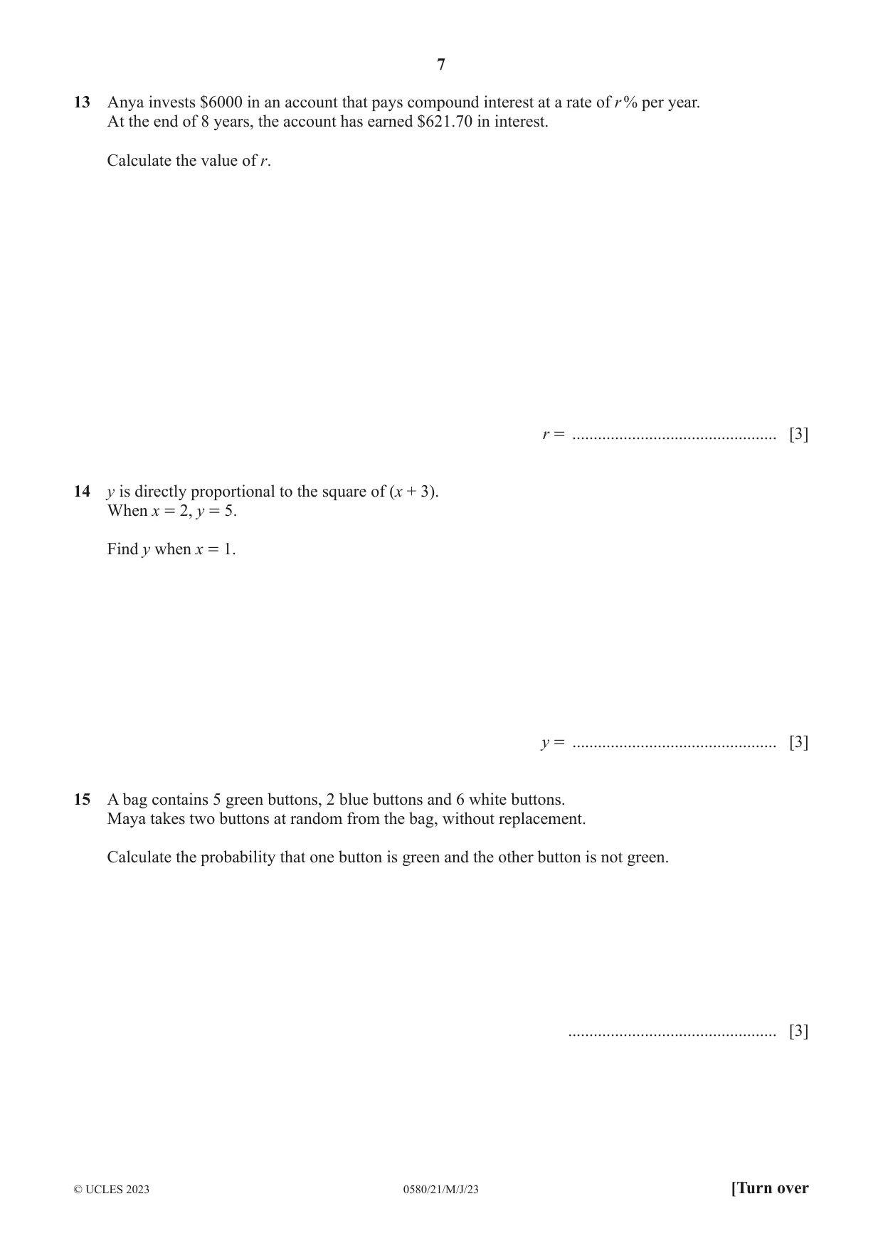 Cambridge IGCSE Mathematics 0580 2023 May/June Paper 2 · Variant 1 question paper, page 7 of 12