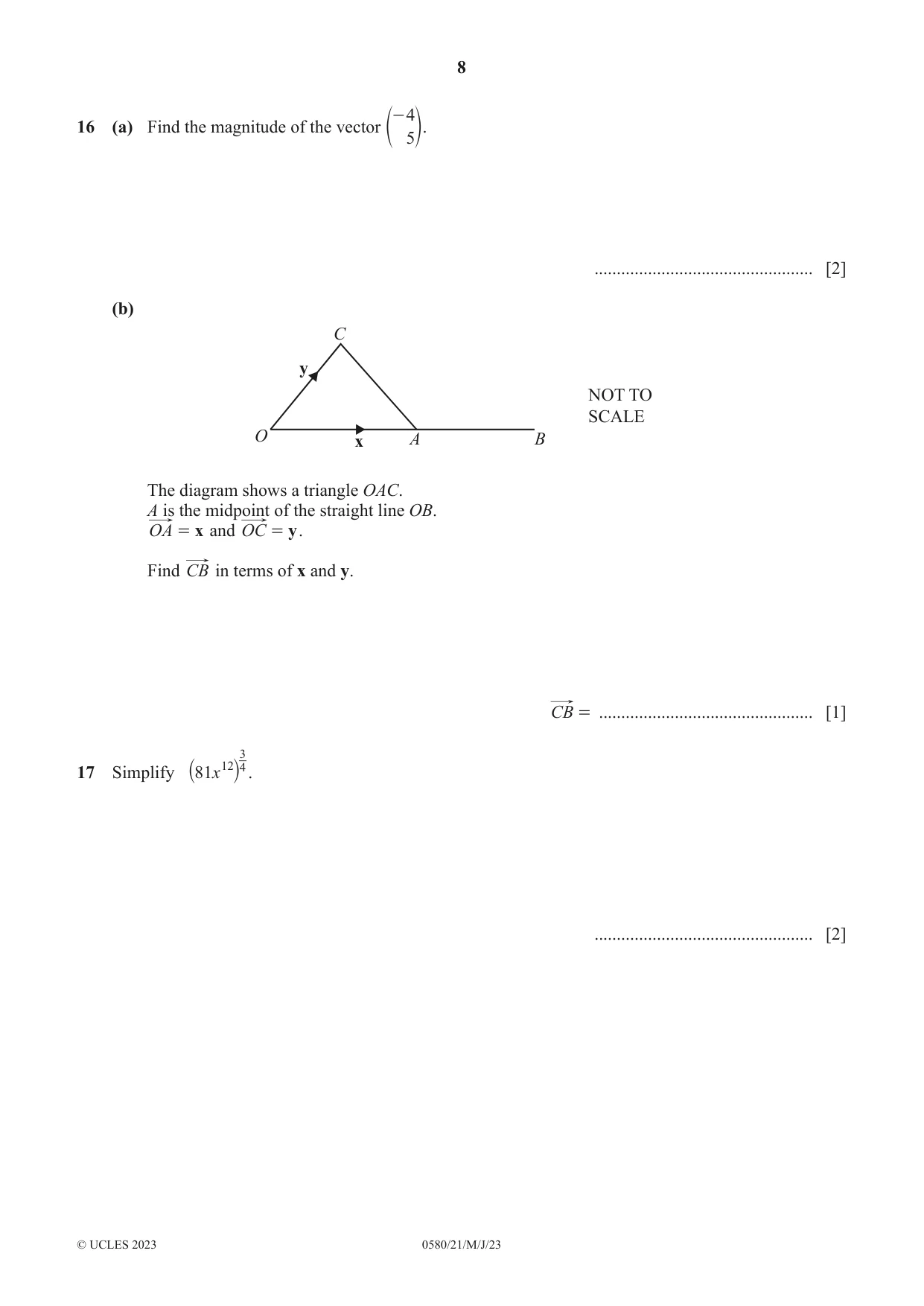Cambridge IGCSE Mathematics 0580 2023 May/June Paper 2 · Variant 1 question paper, page 8 of 12
