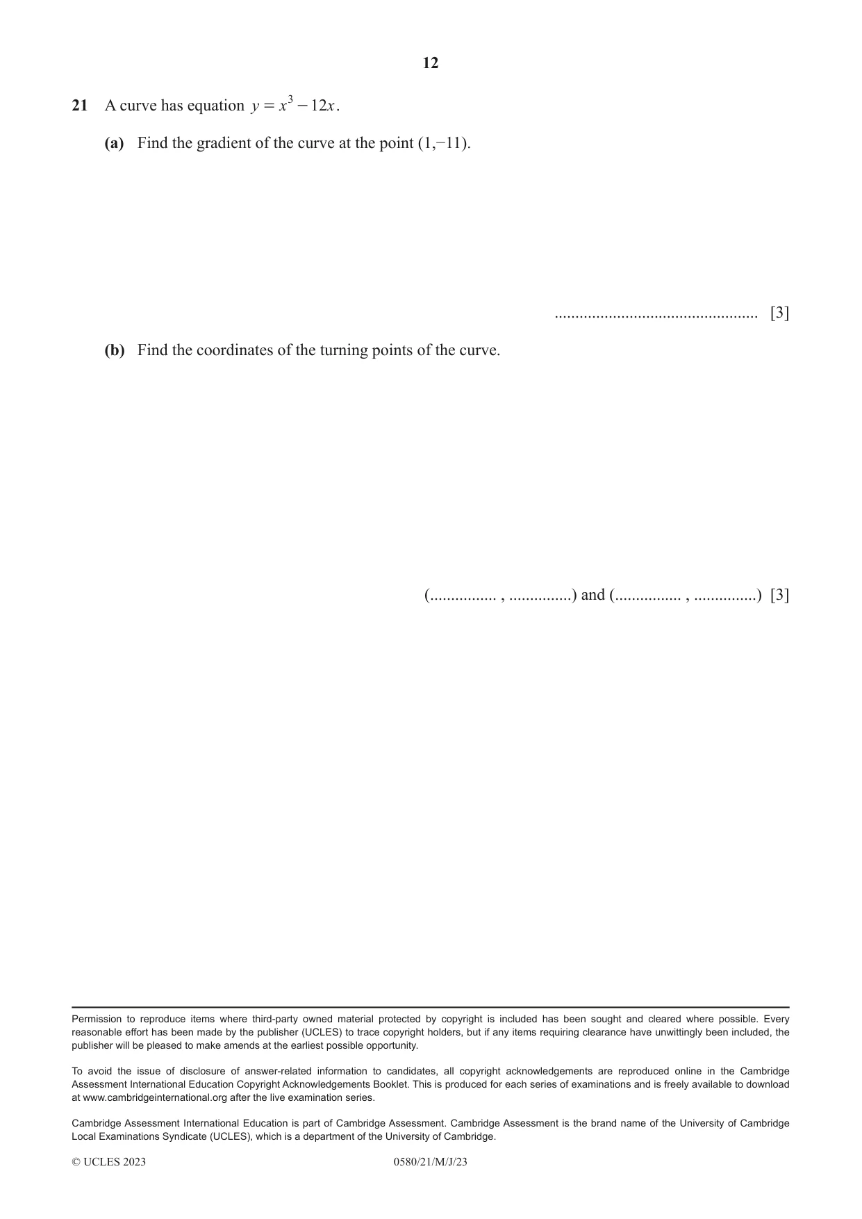 Cambridge IGCSE Mathematics 0580 2023 May/June Paper 2 · Variant 1 question paper, page 12 of 12