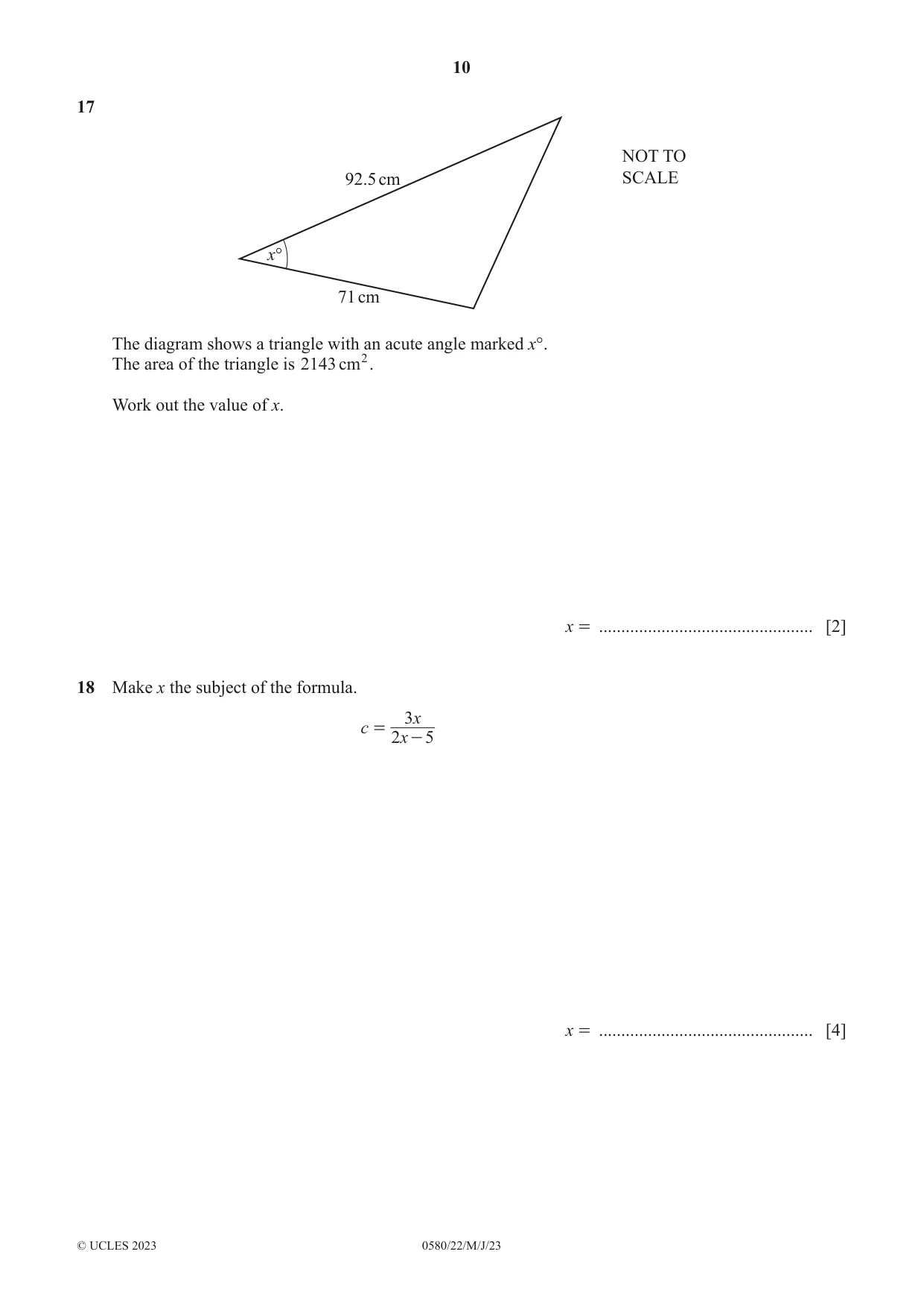 Cambridge IGCSE Mathematics 0580 2023 May/June Paper 2 · Variant 2 question paper, page 10 of 12