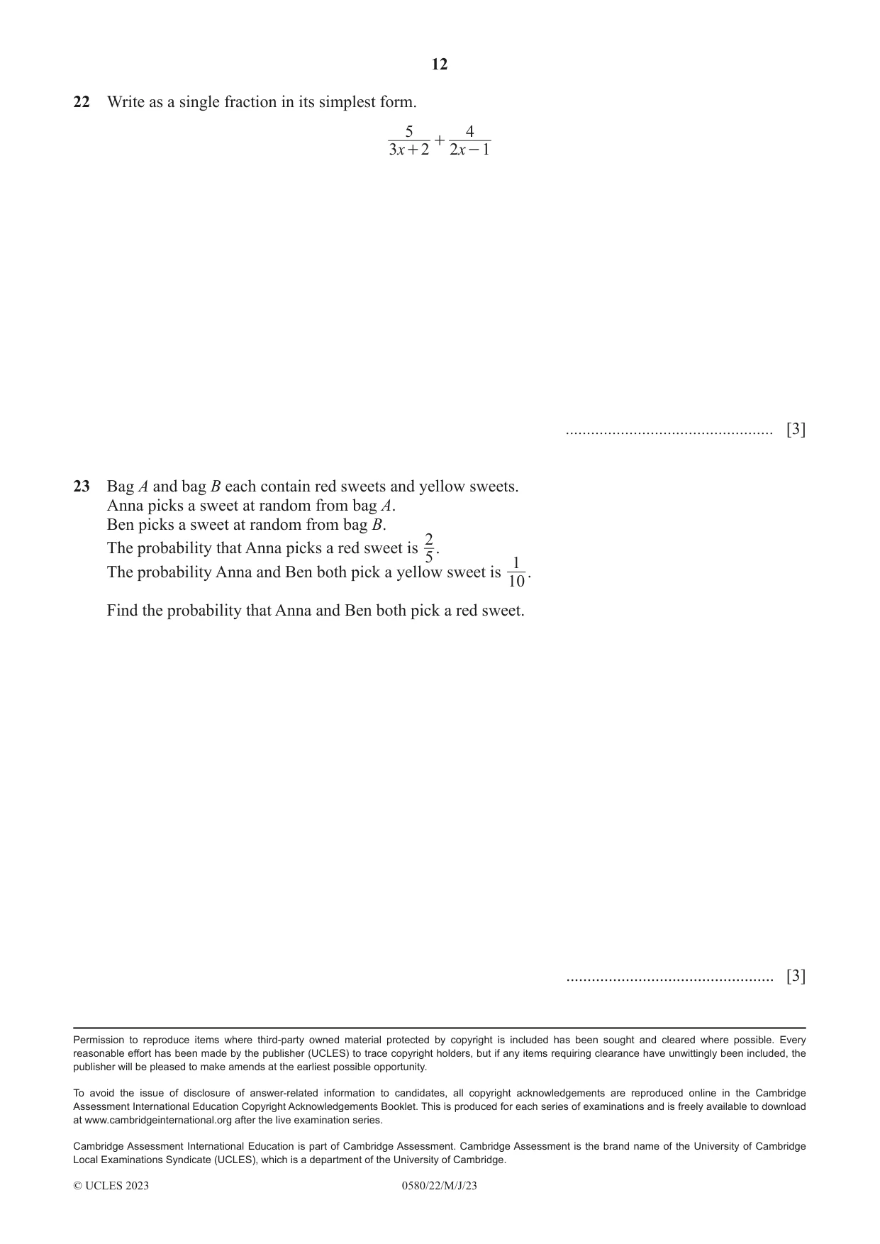 Cambridge IGCSE Mathematics 0580 2023 May/June Paper 2 · Variant 2 question paper, page 12 of 12