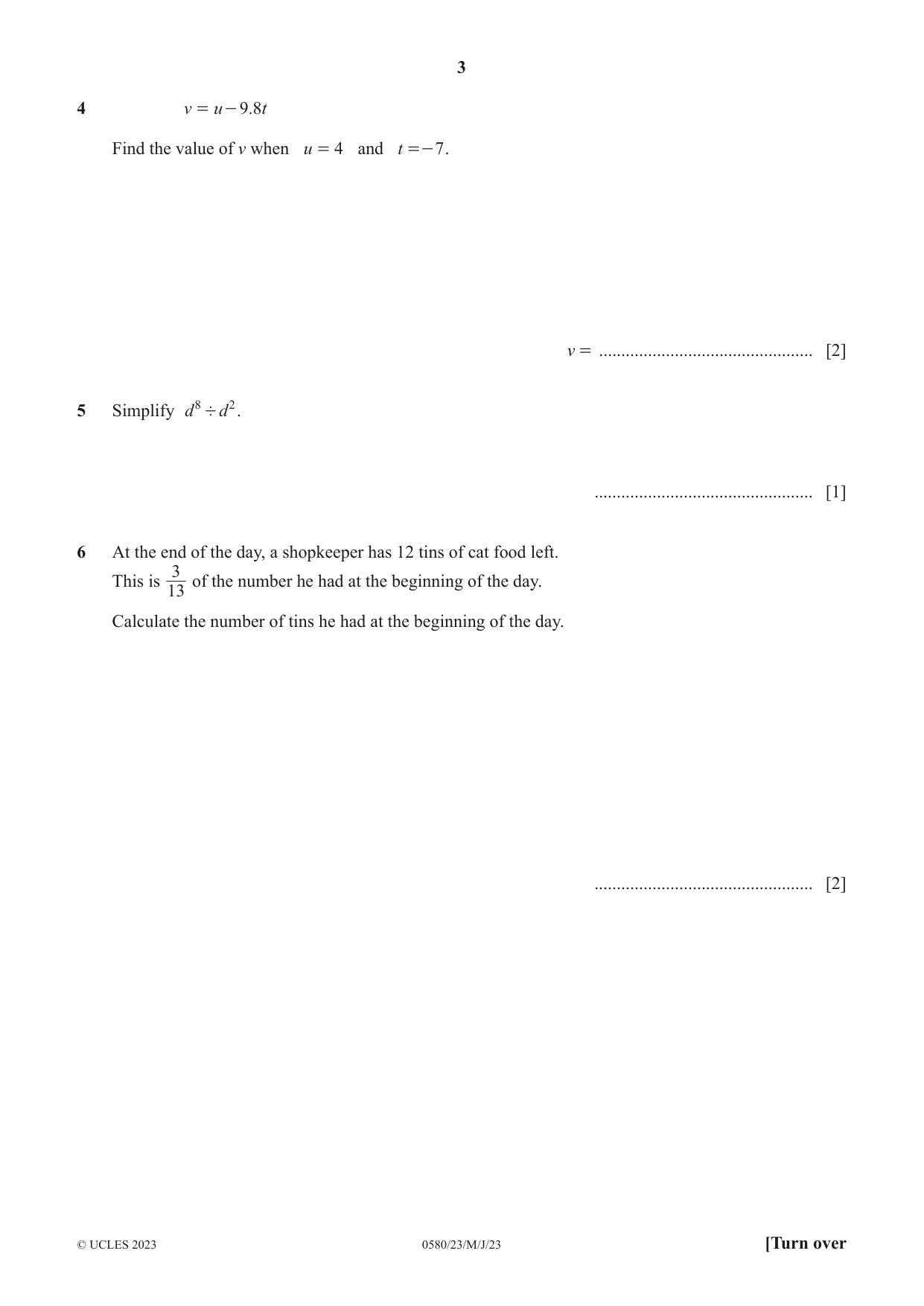 Cambridge IGCSE Mathematics 0580 2023 May/June Paper 2 · Variant 3 question paper, page 3 of 12