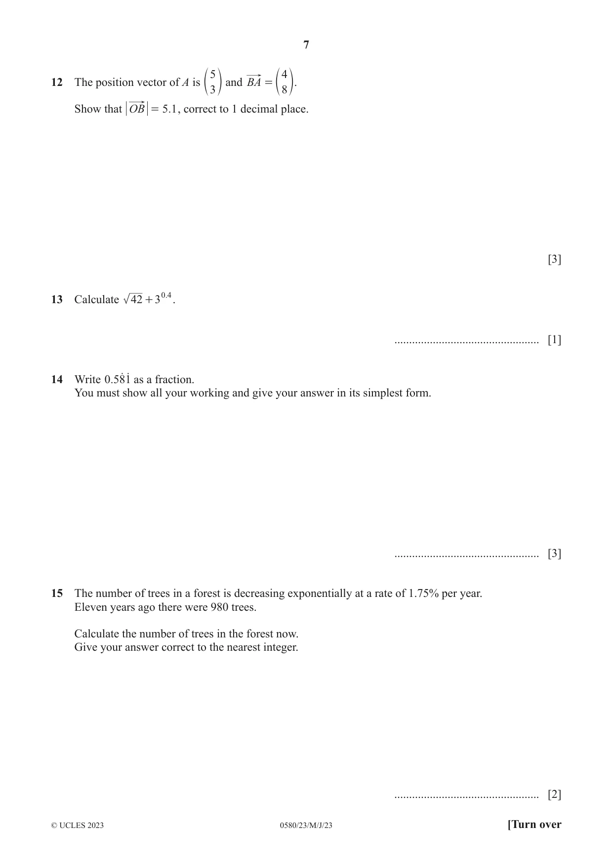 Cambridge IGCSE Mathematics 0580 2023 May/June Paper 2 · Variant 3 question paper, page 7 of 12